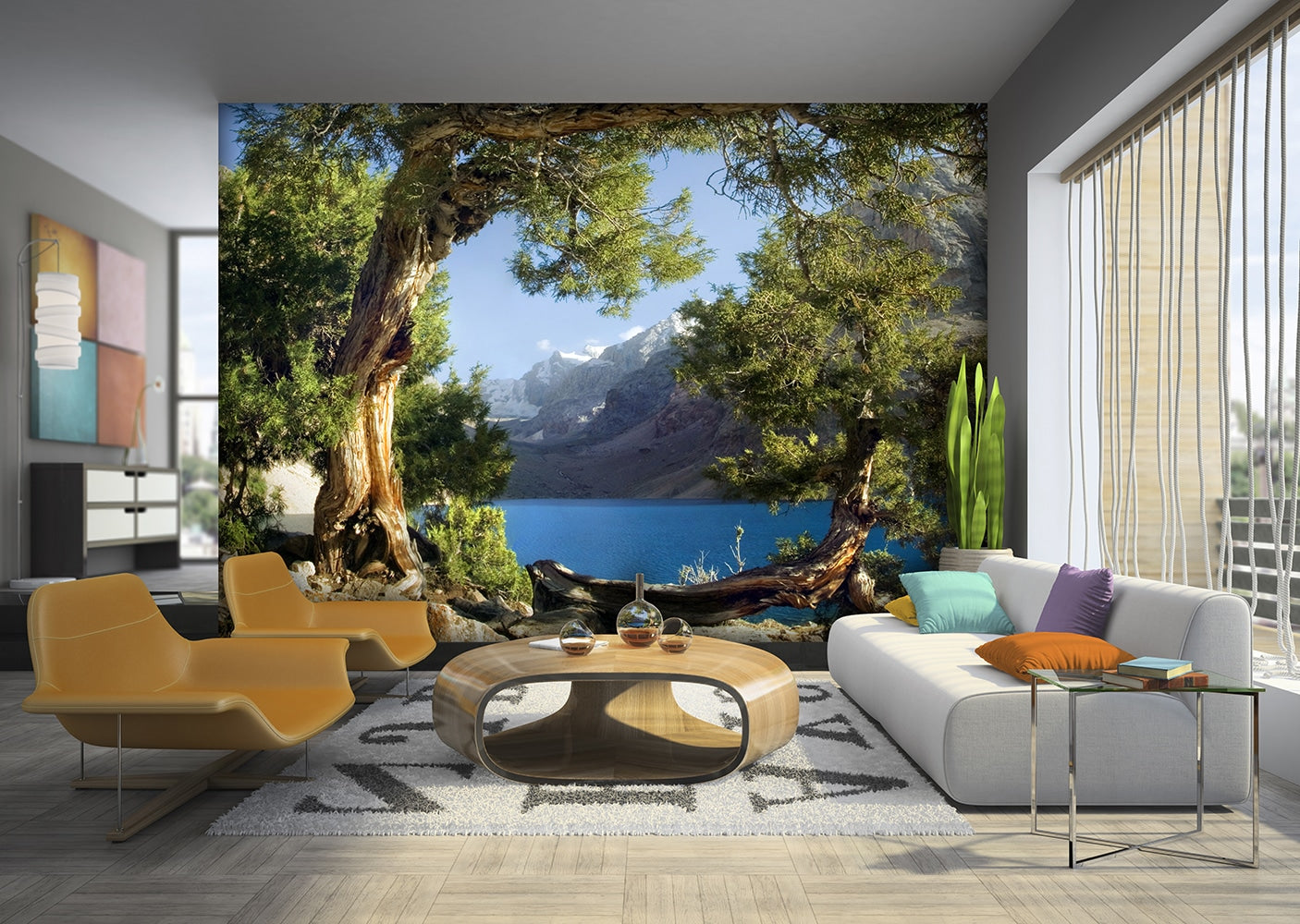 Mountain River Old Gnarled Tree Green Blue Wall Mural 142 in x 106 in