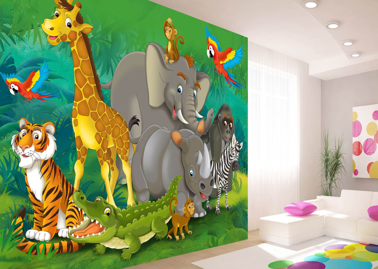 Cartoon Jungle Animals Multicolor Wall Mural 142 in x 106 in
