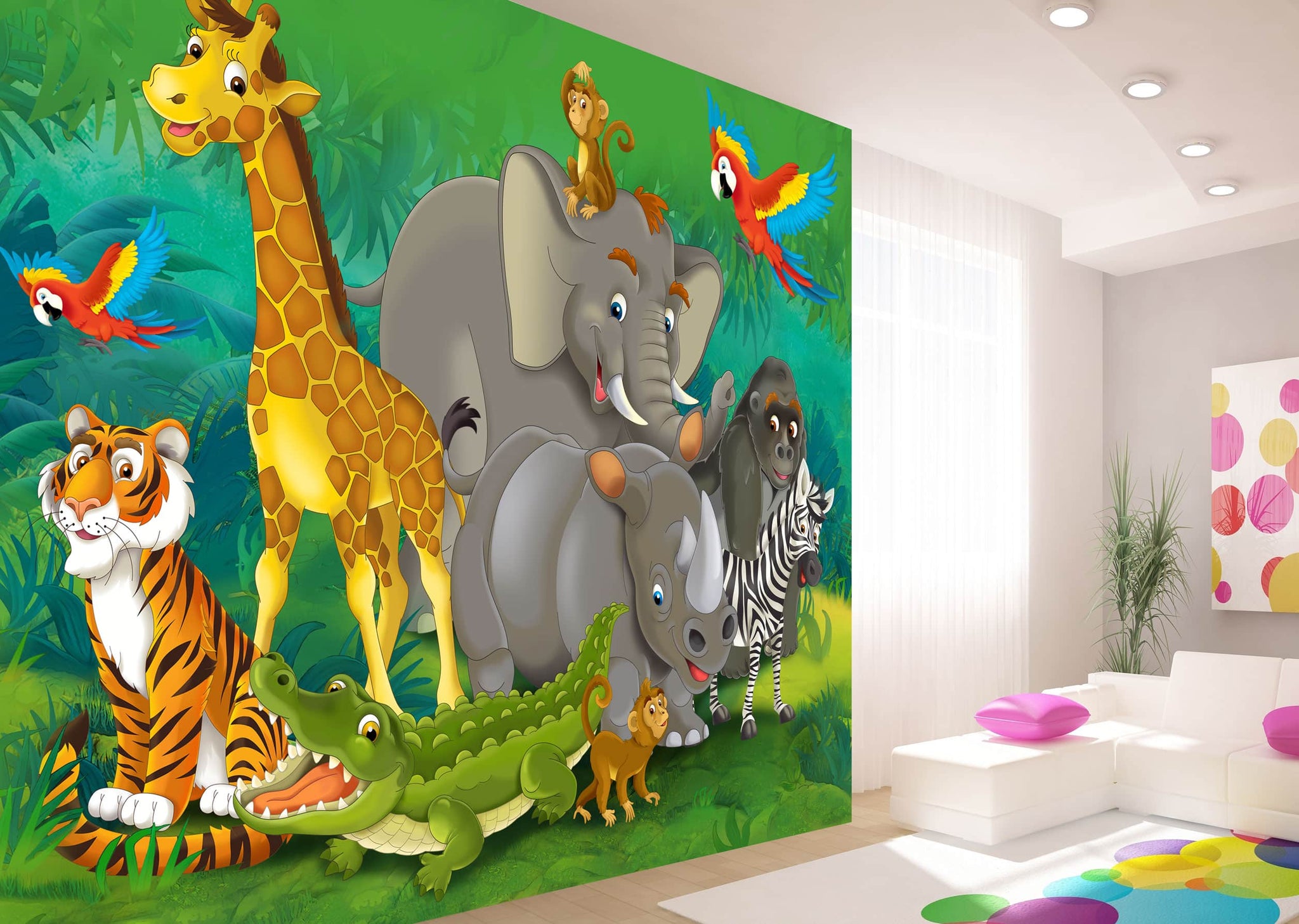 Cartoon Jungle Animals Multicolor Wall Mural 142 in x 106 in