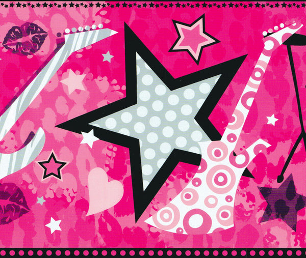 Prepasted Wallpaper Border - Kids Pink, Black, Grey Music, Rock Star, Guitar Wall Border Retro Design, 15 ft x 8 in (4.57m x 20.32cm)