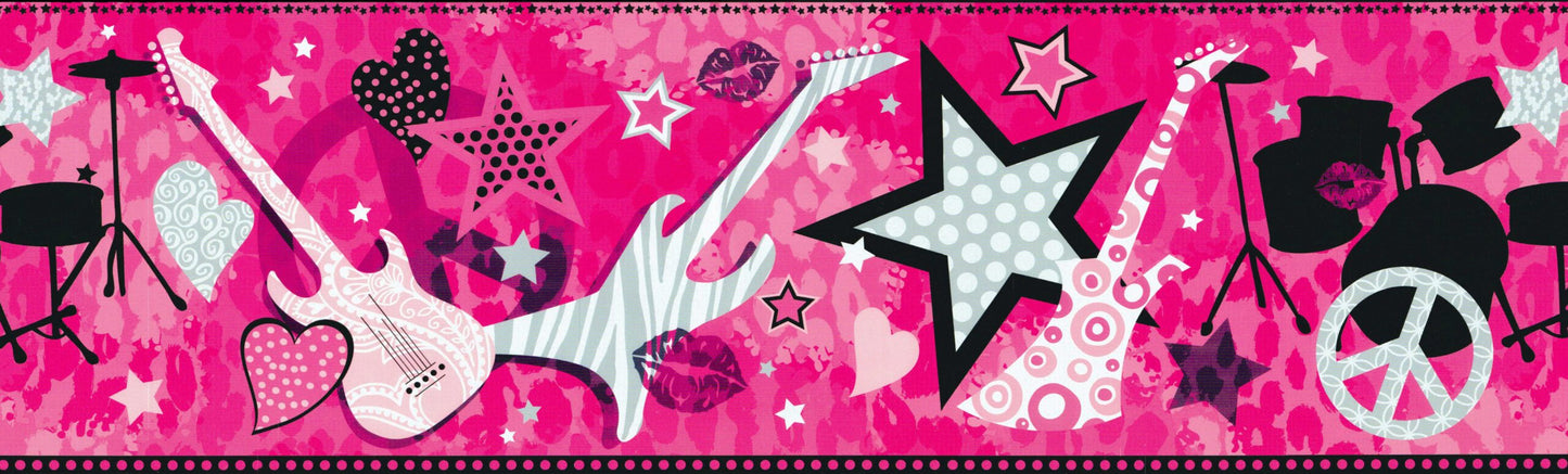 Prepasted Wallpaper Border - Kids Pink, Black, Grey Music, Rock Star, Guitar Wall Border Retro Design, 15 ft x 8 in (4.57m x 20.32cm)