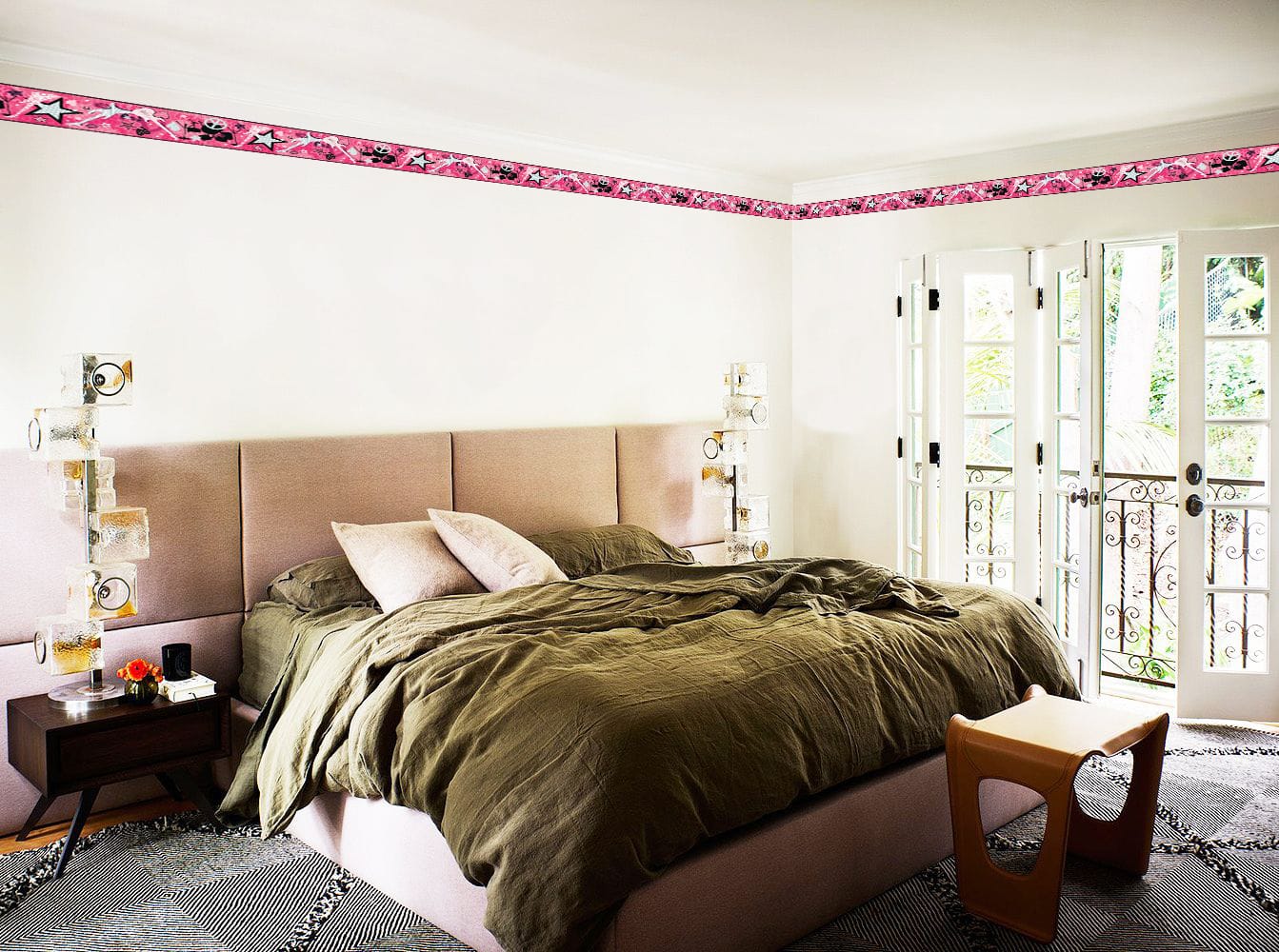 Prepasted Wallpaper Border - Kids Pink, Black, Grey Music, Rock Star, Guitar Wall Border Retro Design, 15 ft x 8 in (4.57m x 20.32cm)