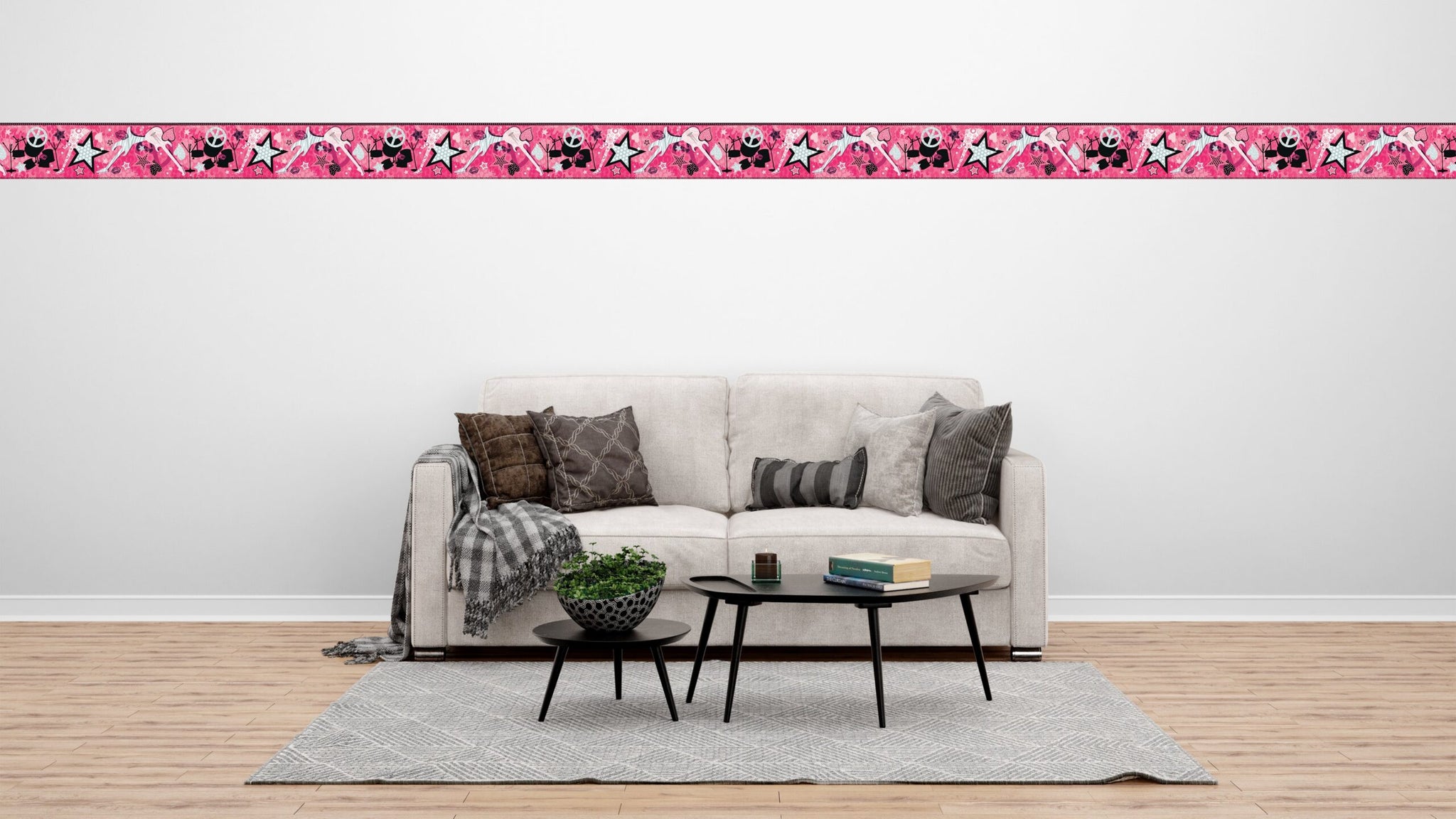 Prepasted Wallpaper Border - Kids Pink, Black, Grey Music, Rock Star, Guitar Wall Border Retro Design, 15 ft x 8 in (4.57m x 20.32cm)