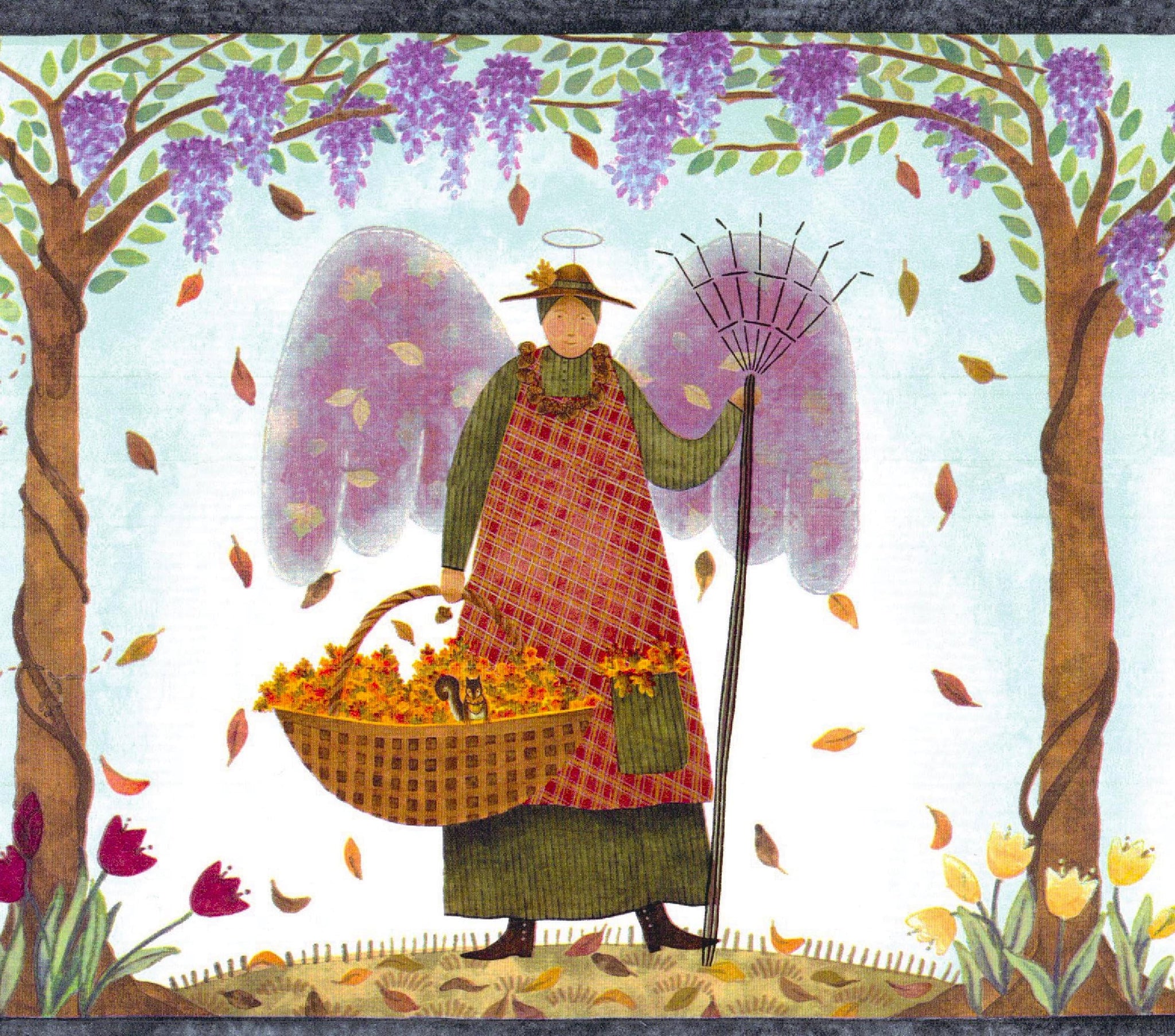 Prepasted Wallpaper Border - Retro Brown, Purple, Green Angels in the Garden Wall Border Retro Design, 15 ft x 6.8 in (4.57m x 17.27cm)