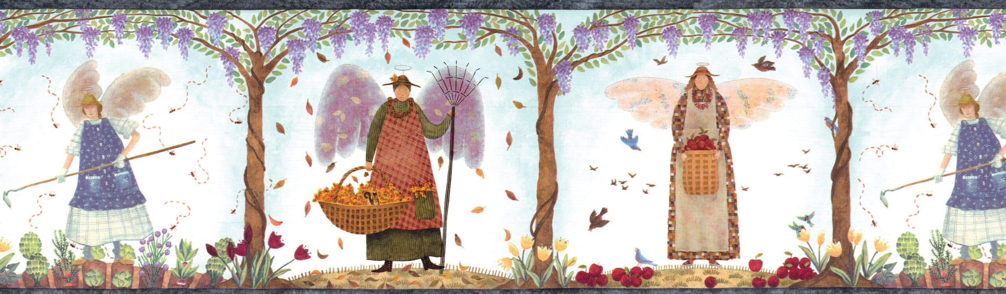 Prepasted Wallpaper Border - Retro Brown, Purple, Green Angels in the Garden Wall Border Retro Design, 15 ft x 6.8 in (4.57m x 17.27cm)