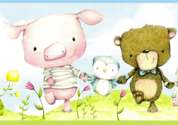 Prepasted Wallpaper Border - Kids Pink, White, , Brown, Blue, Green Cartoon Animals Wall Border Retro Design, 15 ft x 6 in (4.57m x 15.24cm)