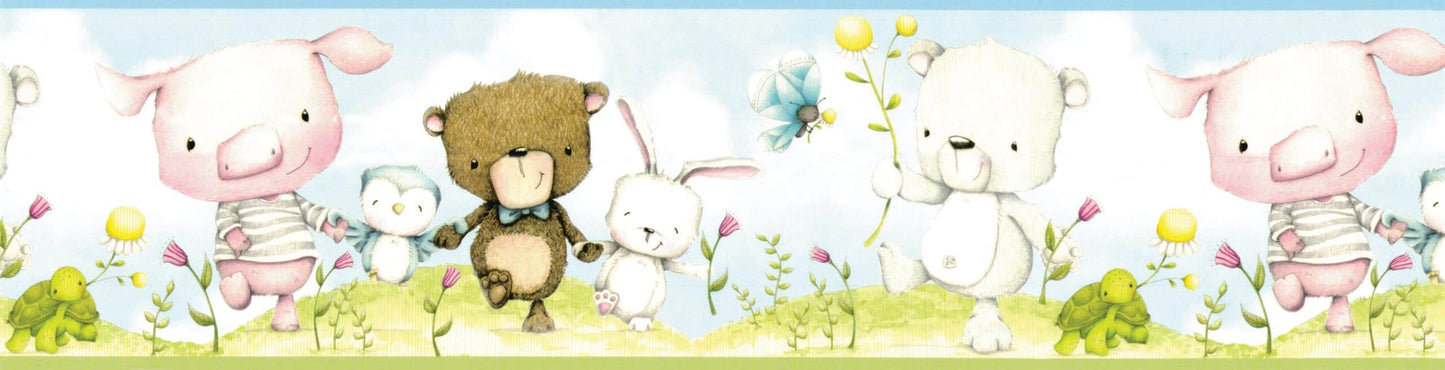 Prepasted Wallpaper Border - Kids Pink, White, , Brown, Blue, Green Cartoon Animals Wall Border Retro Design, 15 ft x 6 in (4.57m x 15.24cm)