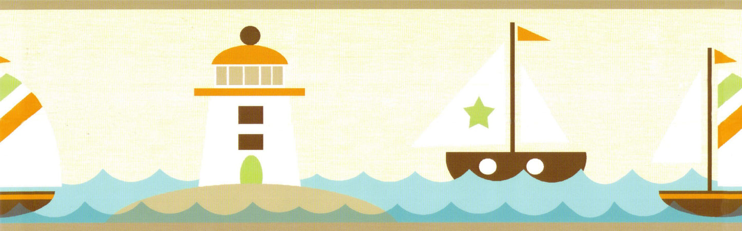Prepasted Wallpaper Border - Kids Orange, Teal Sailboat, Sea, Lighthouse Wall Border Retro Design, 15 ft x 6 in (4.57m x 15.24cm)