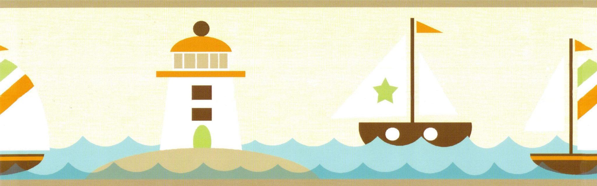 Prepasted Wallpaper Border - Kids Orange, Teal Sailboat, Sea, Lighthouse Wall Border Retro Design, 15 ft x 6 in (4.57m x 15.24cm)