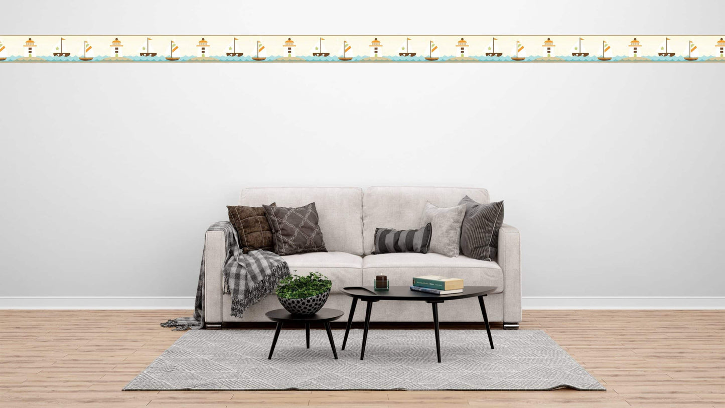 Prepasted Wallpaper Border - Kids Orange, Teal Sailboat, Sea, Lighthouse Wall Border Retro Design, 15 ft x 6 in (4.57m x 15.24cm)