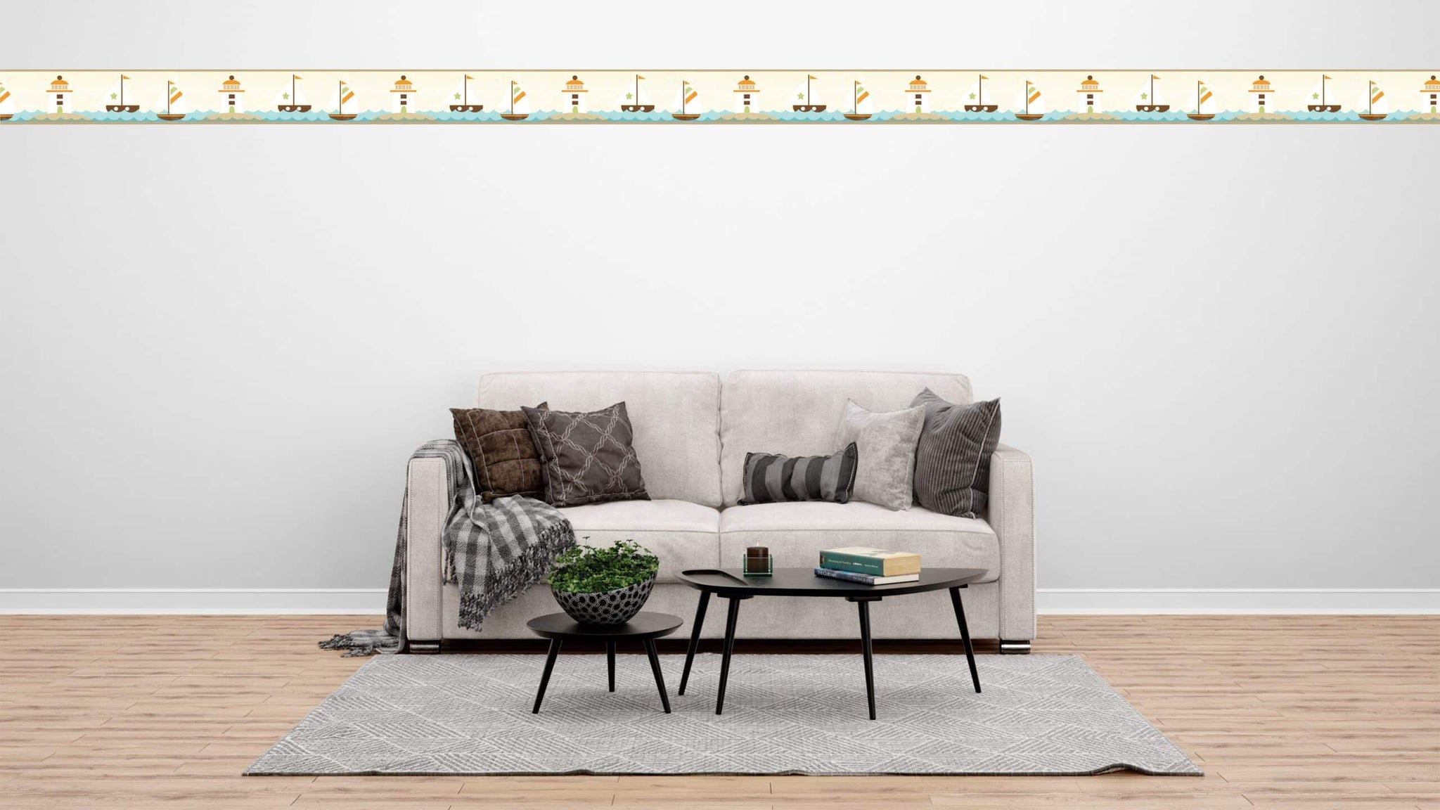 Prepasted Wallpaper Border - Kids Orange, Teal Sailboat, Sea, Lighthouse Wall Border Retro Design, 15 ft x 6 in (4.57m x 15.24cm)