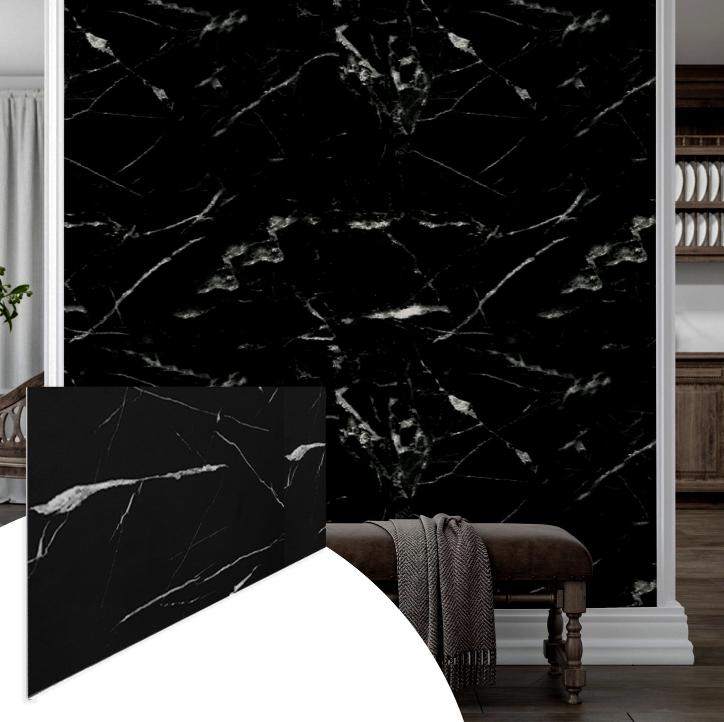 Faux Marble Wall Panels - 2 ft X 4 ft - Glossy, Waterproof Indoor Wall Cladding - Black, White Veins