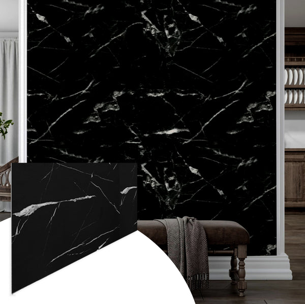 Faux Marble Wall Panels - 2 ft X 4 ft - Glossy, Waterproof Indoor Wall Cladding - Black, White Veins
