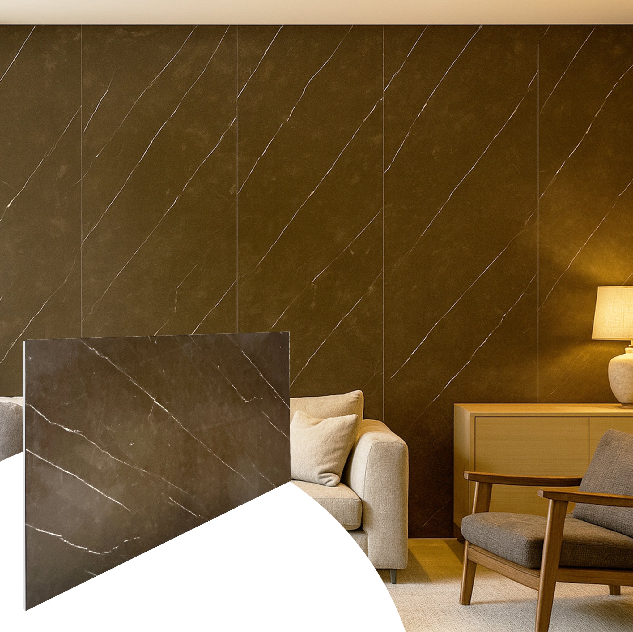 Faux Marble Wall Panels - 2 ft X 4 ft - Glossy, Waterproof Indoor Wall Cladding - Chocolate Brown, White Veins