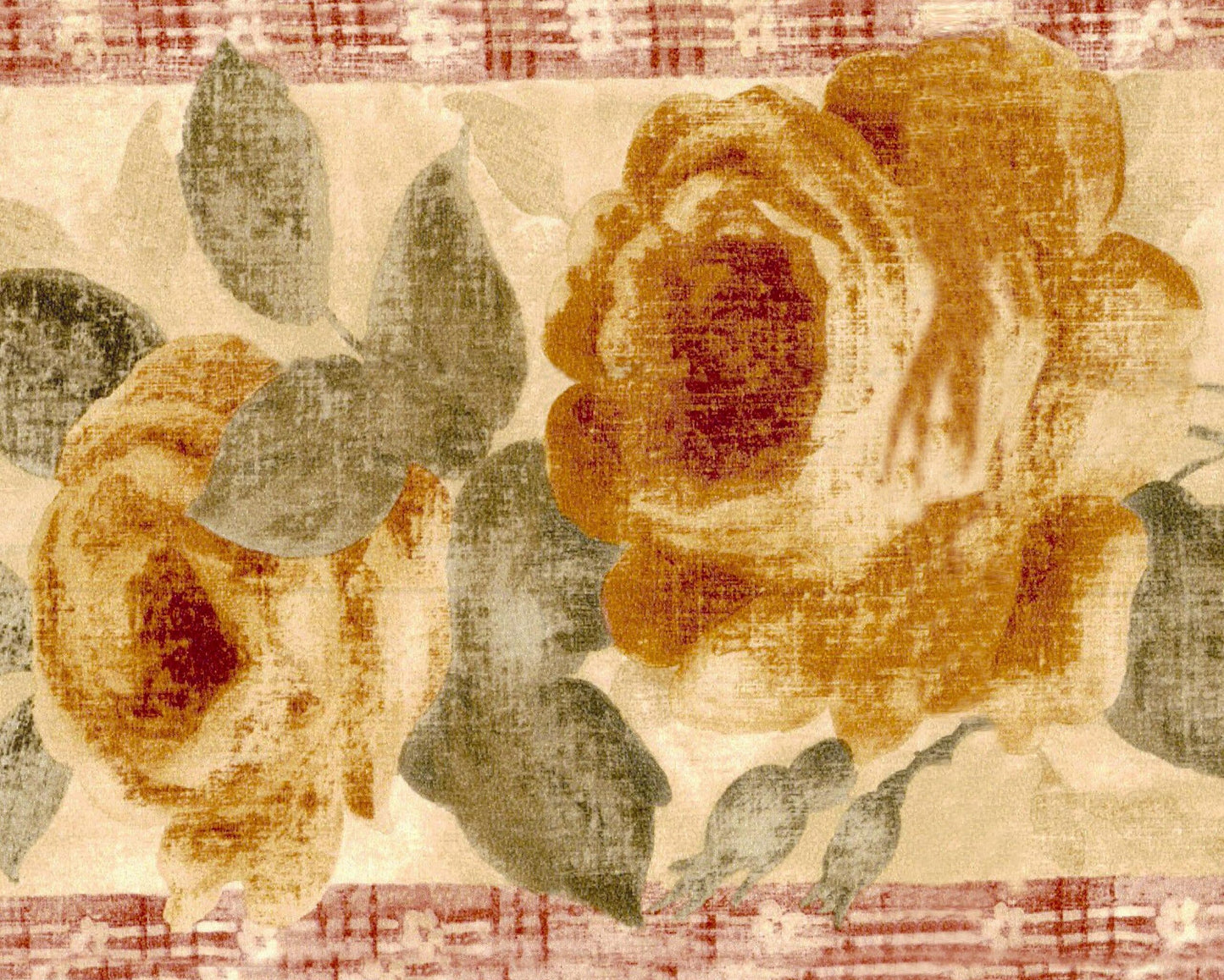 Prepasted Wallpaper Border - Floral Brown, Beige, Green, Cream Blooming Roses on Vine Wall Border Retro Design, 15 ft x 5.12 in (4.57m x 13cm)