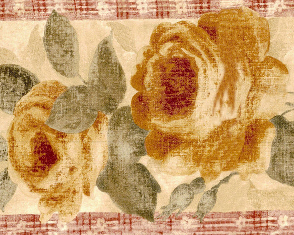 Prepasted Wallpaper Border - Floral Brown, Beige, Green, Cream Blooming Roses on Vine Wall Border Retro Design, 15 ft x 5.12 in (4.57m x 13cm)