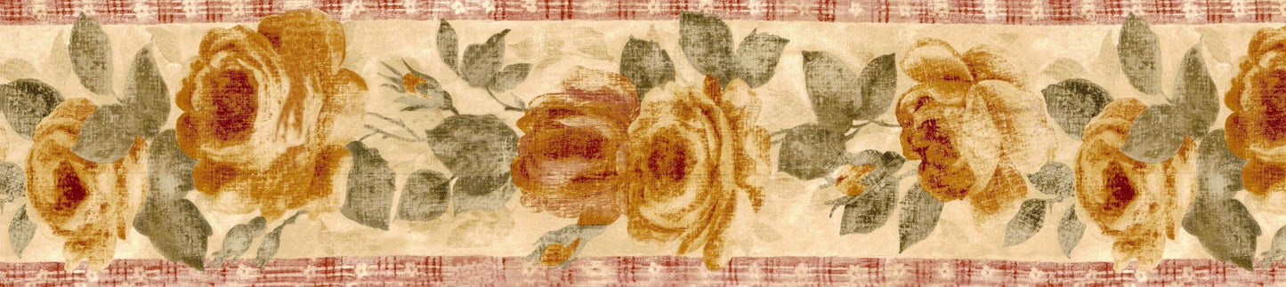 Prepasted Wallpaper Border - Floral Brown, Beige, Green, Cream Blooming Roses on Vine Wall Border Retro Design, 15 ft x 5.12 in (4.57m x 13cm)