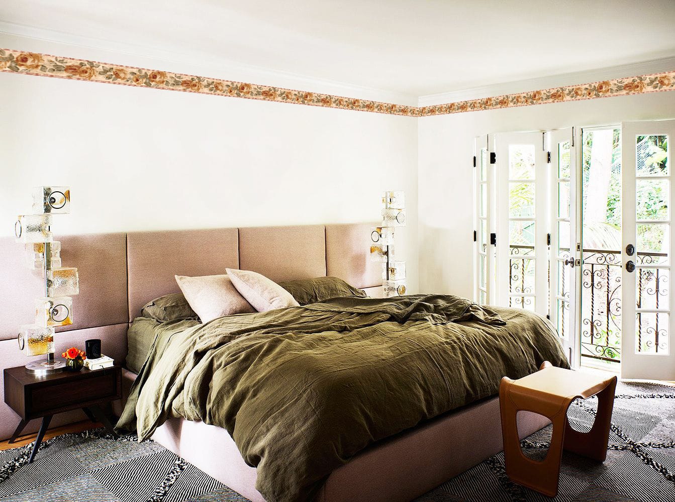 Prepasted Wallpaper Border - Floral Brown, Beige, Green, Cream Blooming Roses on Vine Wall Border Retro Design, 15 ft x 5.12 in (4.57m x 13cm)