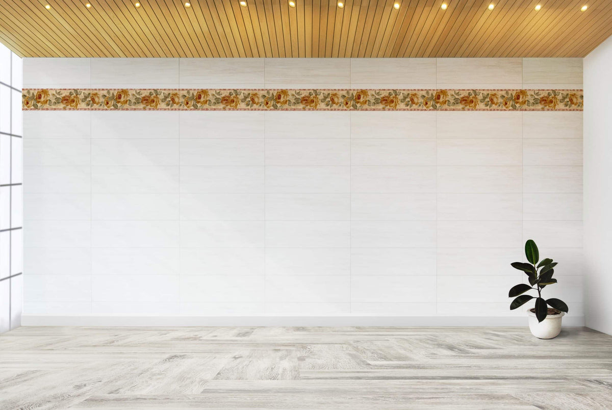 Prepasted Wallpaper Border - Floral Beige, Green, Yellow, Blue Flowers Prepasted Wallpaper Border - Floral Beige, Green, Yellow, Blue Flowers