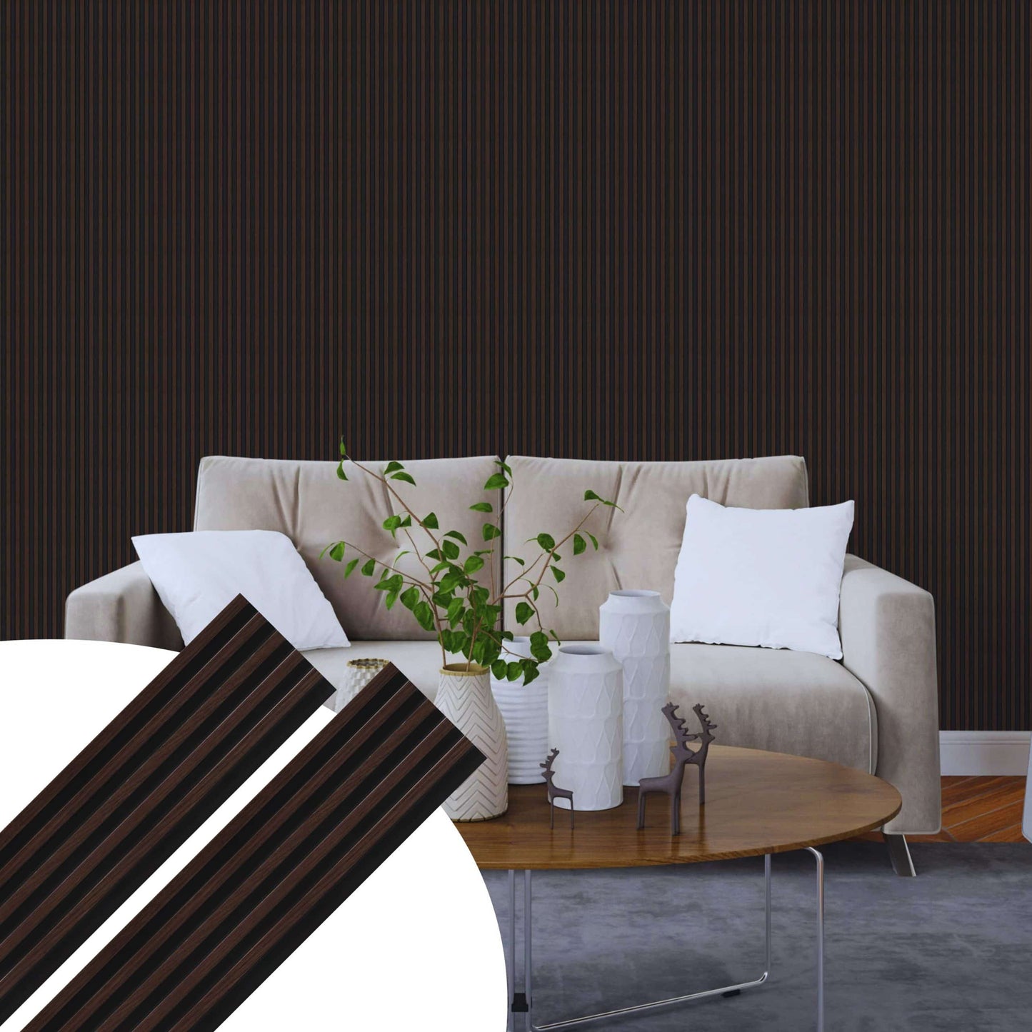 Fluted 3D Wall Panels - Modern DIY Decorative Wooden Wall Panels - Easy to Install - Walnut Brown, Black Base