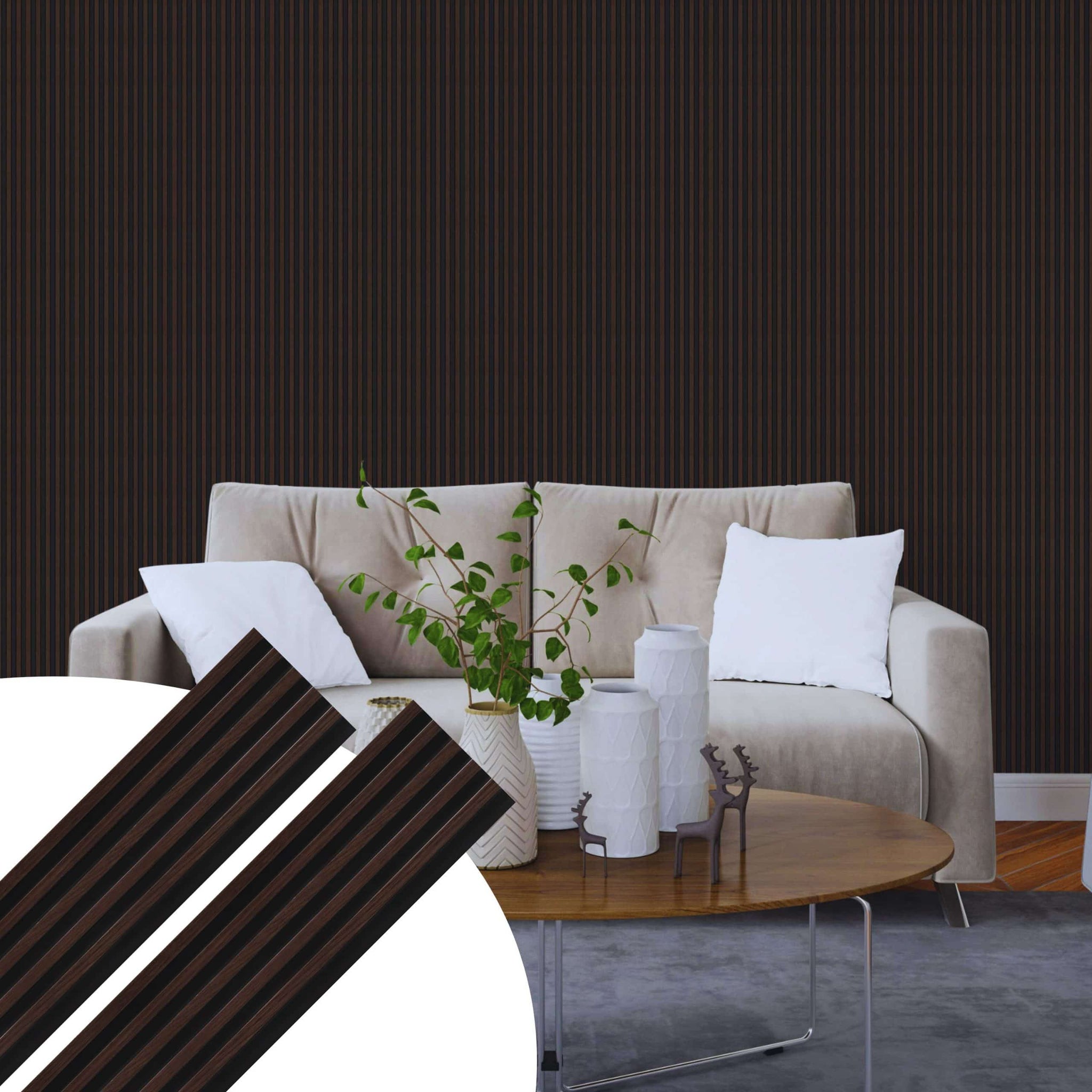 Fluted 3D Wall Panels - Modern DIY Decorative Wooden Wall Panels - Easy to Install - Walnut Brown, Black Base