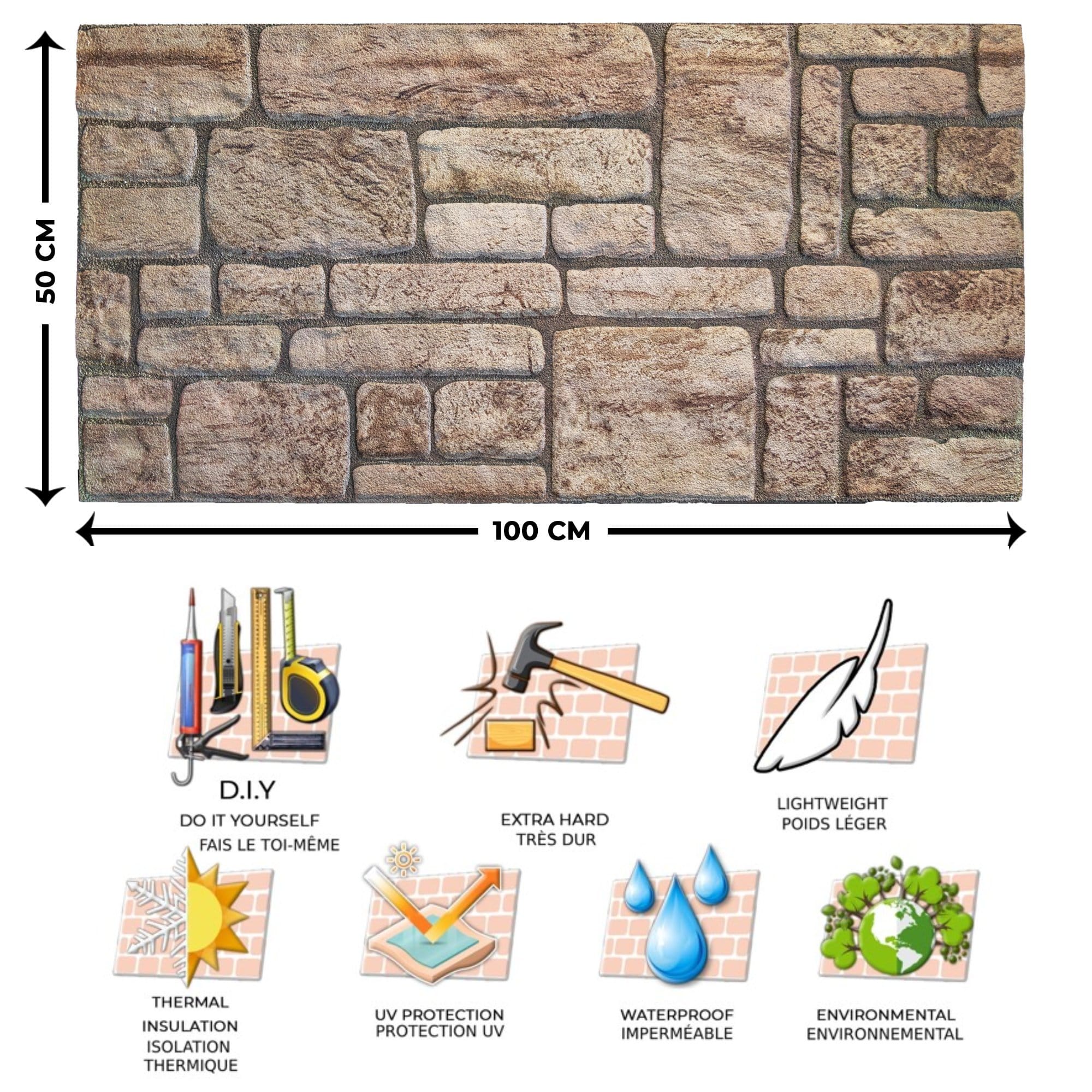 3D Wall Panels Brick Effect - Cladding, Beige Stone Look Wall Paneling, Styrofoam Facing for Living room, Kitchen, Bathroom, Balcony, Bedroom, Set of 10, Covers 53 sq ft