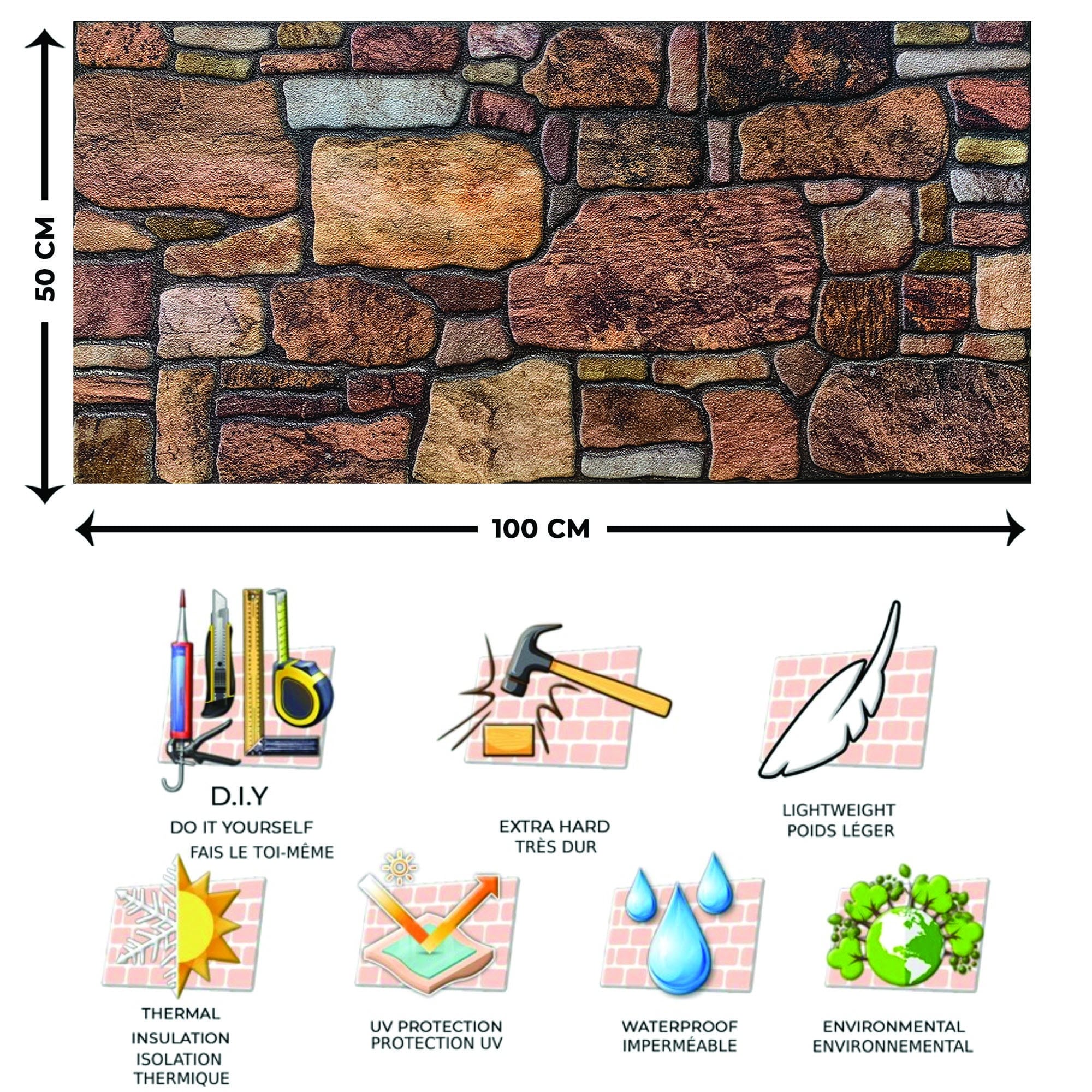 Dundee Deco 3D Wall Panels - Cladding, Copper Brown Sepia Stone Look Wall Paneling, Styrofoam Facing for Interior and Exterior Applications, DIY, Set of 10, Covers 54 sq ft