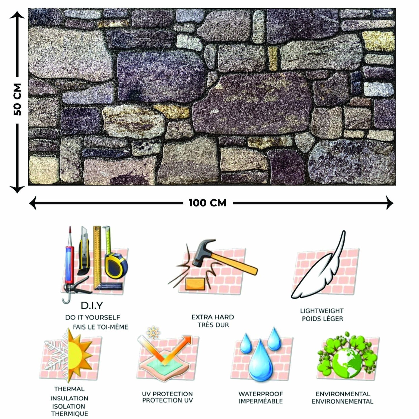 Dundee Deco 3D Wall Panels - Cladding, Purple Cream Stone Look Wall Paneling, Styrofoam Facing for Interior and Exterior Applications, DIY, Set of 10, Covers 54 sq ft