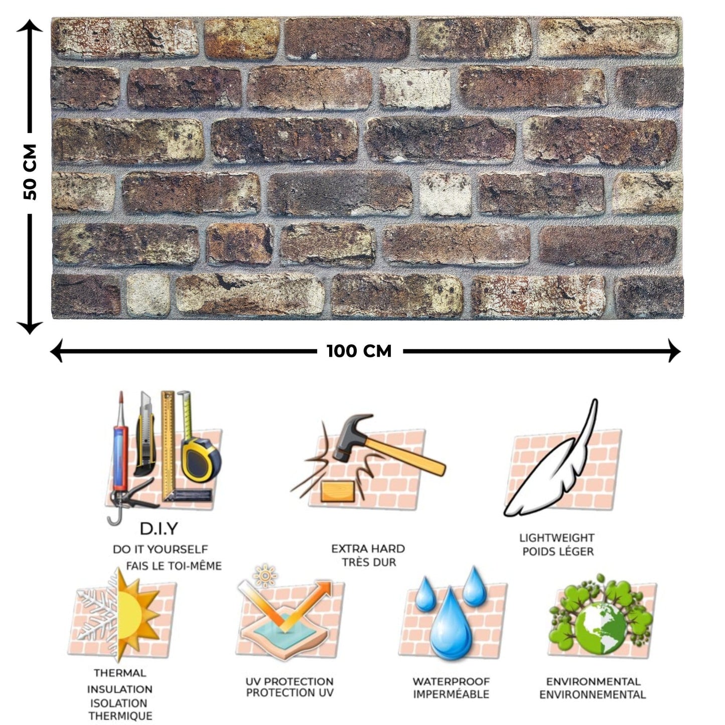 3D Wall Panels Brick Effect - Cladding, Grey Brown Stone Look Wall Paneling, Styrofoam Facing for Living room, Kitchen, Bathroom, Balcony, Bedroom, Set of 10, Covers 53 sq ft