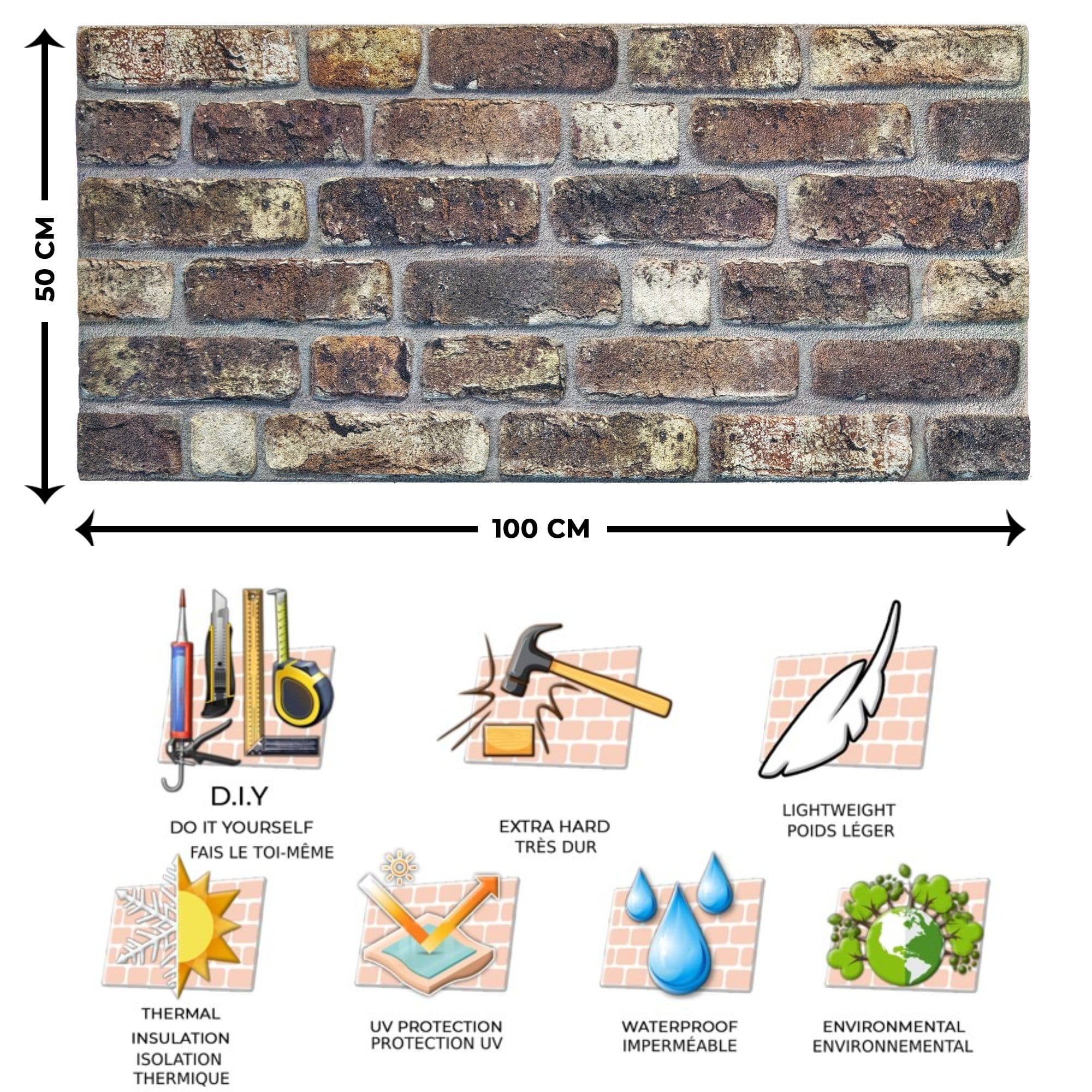 3D Wall Panels Brick Effect - Cladding, Grey Brown Stone Look Wall Paneling, Styrofoam Facing for Living room, Kitchen, Bathroom, Balcony, Bedroom, Set of 10, Covers 53 sq ft