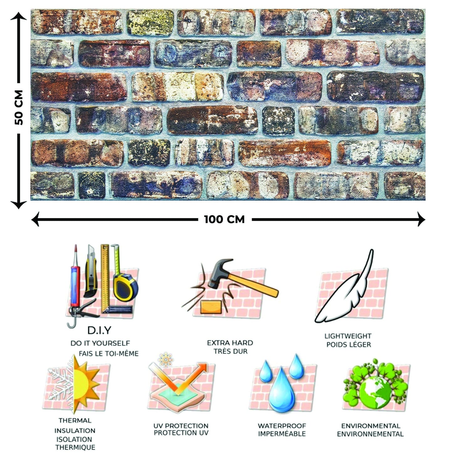 Dundee Deco 3D Wall Panels Brick Effect - Cladding, Multicolored Stone Look Wall Paneling, Styrofoam Facing for Living Room, Kitchen, Bathroom, Balcony, Bedroom, Set of 10, Covers 54 sq ft