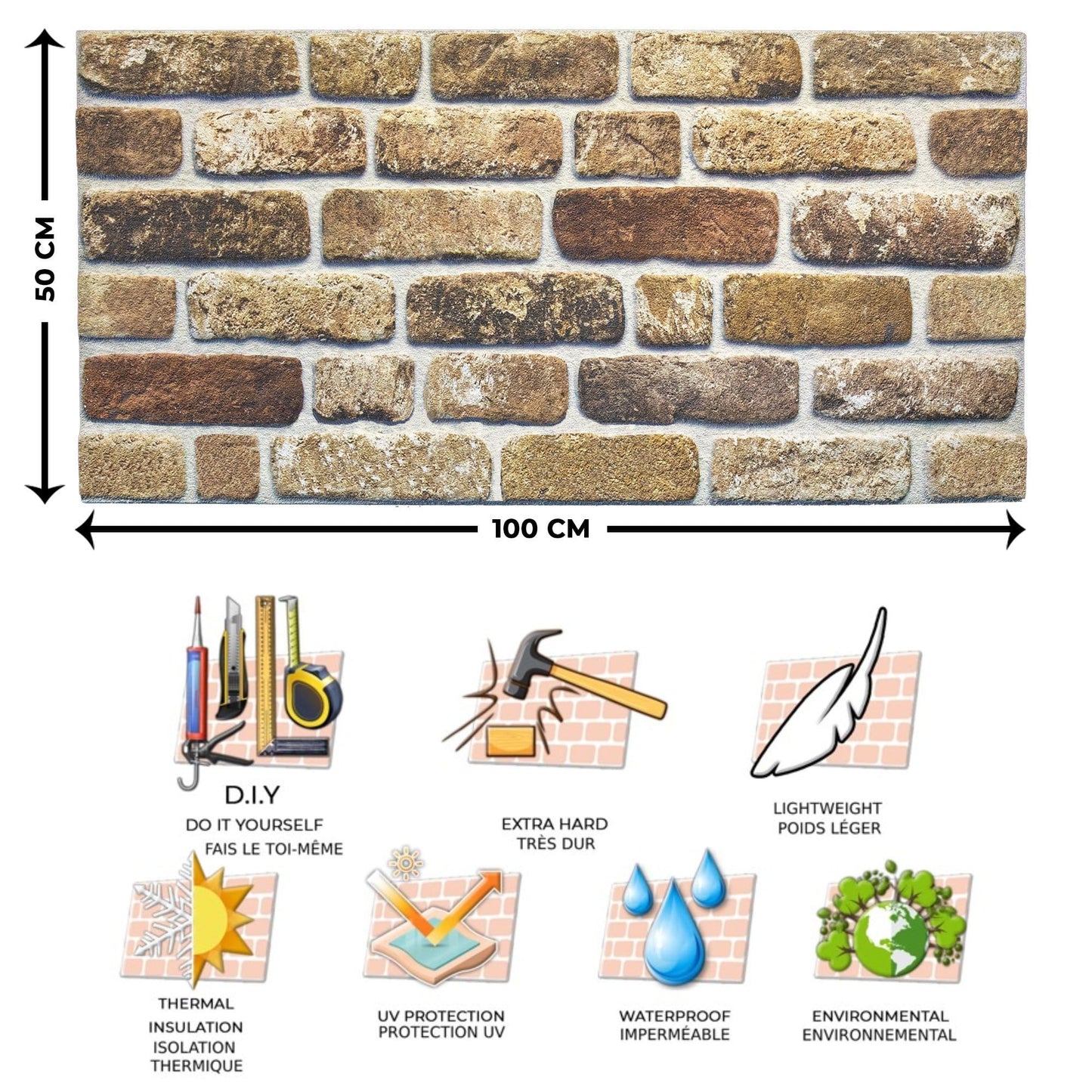 3D Wall Panels Brick Effect - Cladding, Light Brown Stone Look Wall Paneling, Styrofoam Facing for Living room, Kitchen, Bathroom, Balcony, Bedroom, Set of 10, Covers 53 sq ft