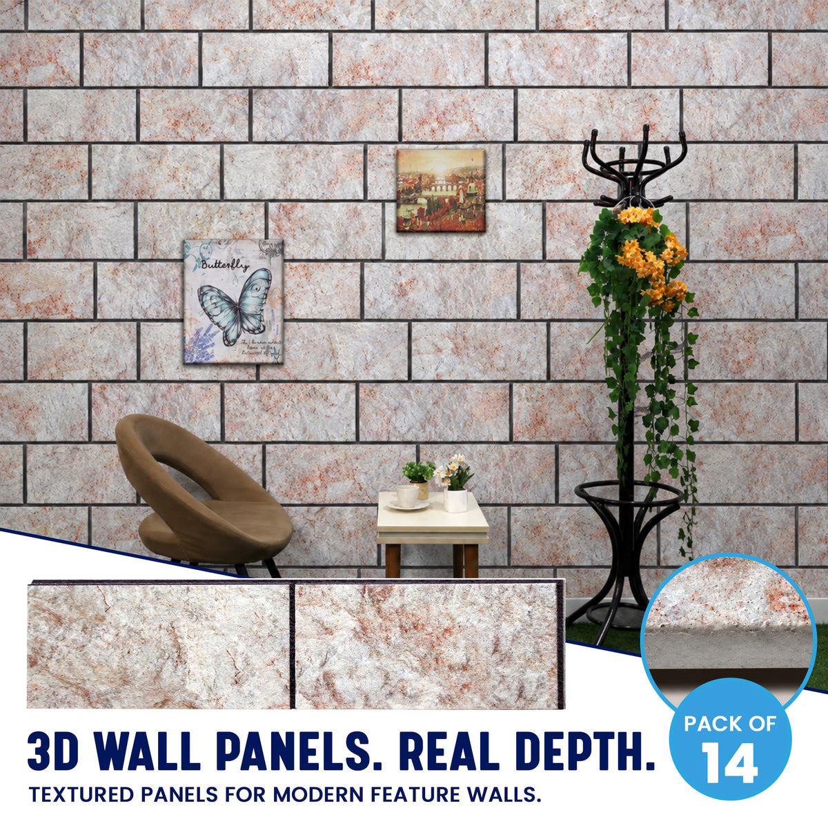Stacked Stone Wall Panels, Greige, Terracotta & Blue, Styrofoam