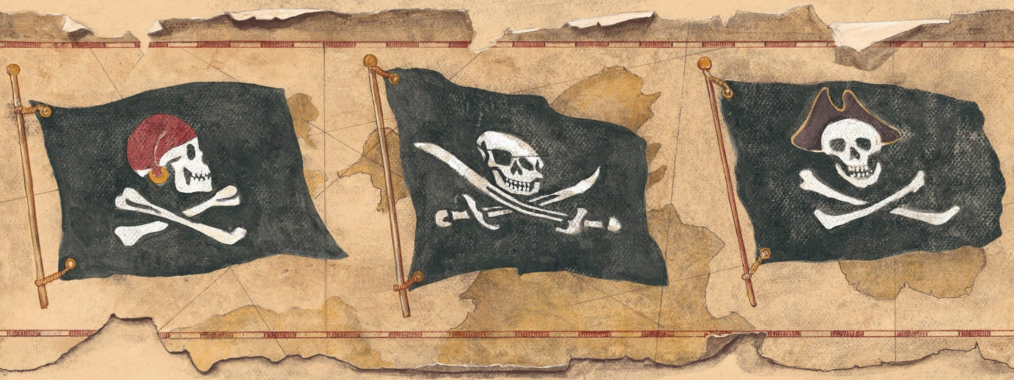 Prepasted Wallpaper Border - Kids Pirate Brown, Black, Beige Wall Border Retro Design, Roll 15 ft X 9 in (4.57m X 22.86cm)