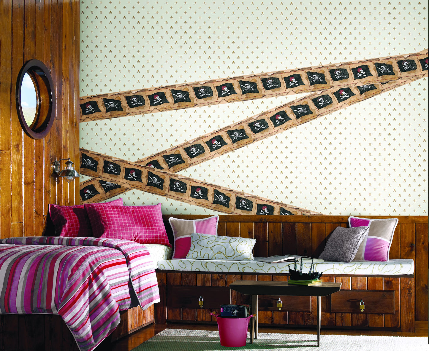 Prepasted Wallpaper Border - Kids Pirate Brown, Black, Beige Wall Border Retro Design, Roll 15 ft X 9 in (4.57m X 22.86cm)