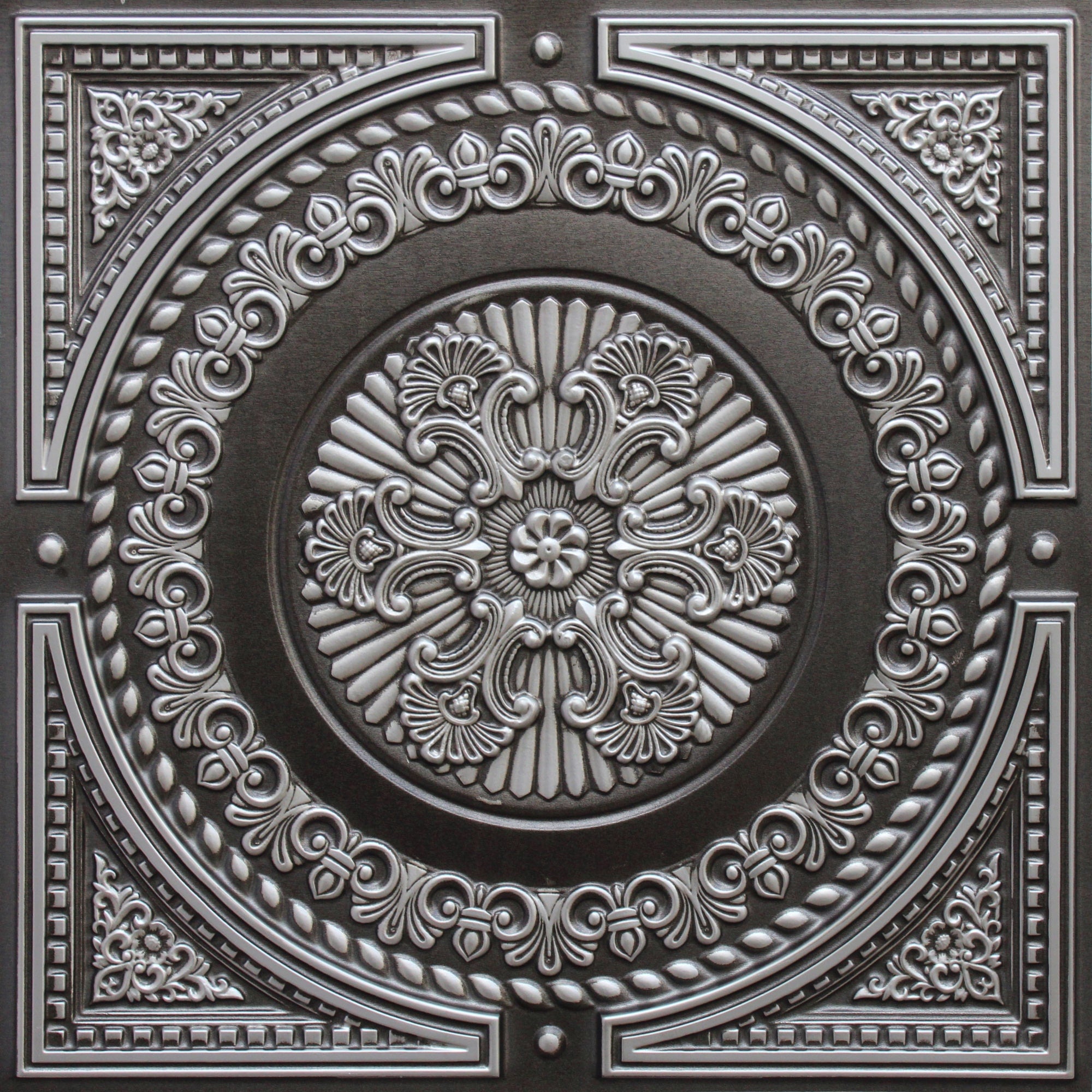 Rustic Damask Antique Silver Glue Up or Lay In, PVC 3D Decorative Ceiling Panel, 2 ft X 2 ft (60cm X 60cm), 4 sq ft (0.37 sq m) each - Single