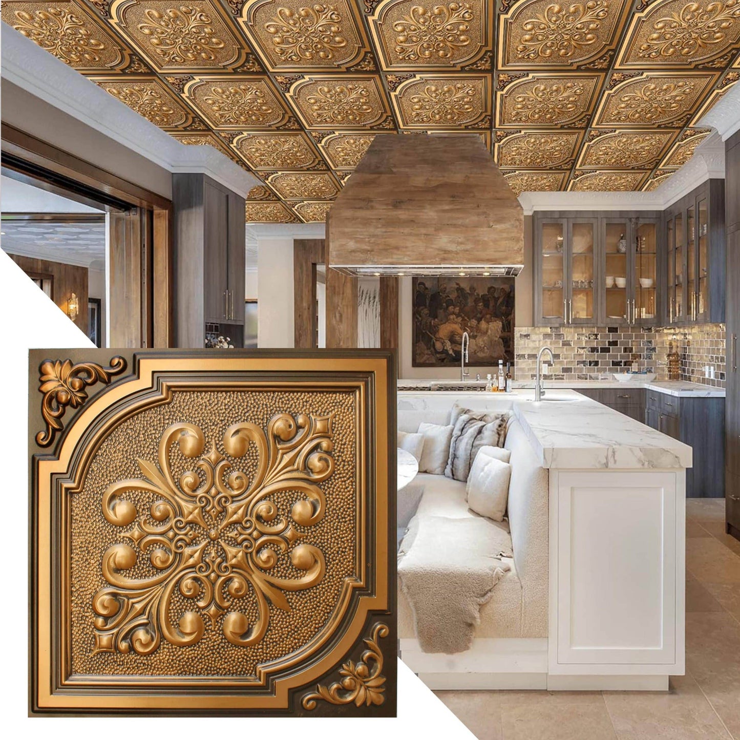Victorian Botanical Antique Gold Glue Up or Lay In, PVC 3D Decorative Ceiling Panel, 2 ft X 2 ft (60cm X 60cm), 4 sq ft (0.37 sq m) each - Single