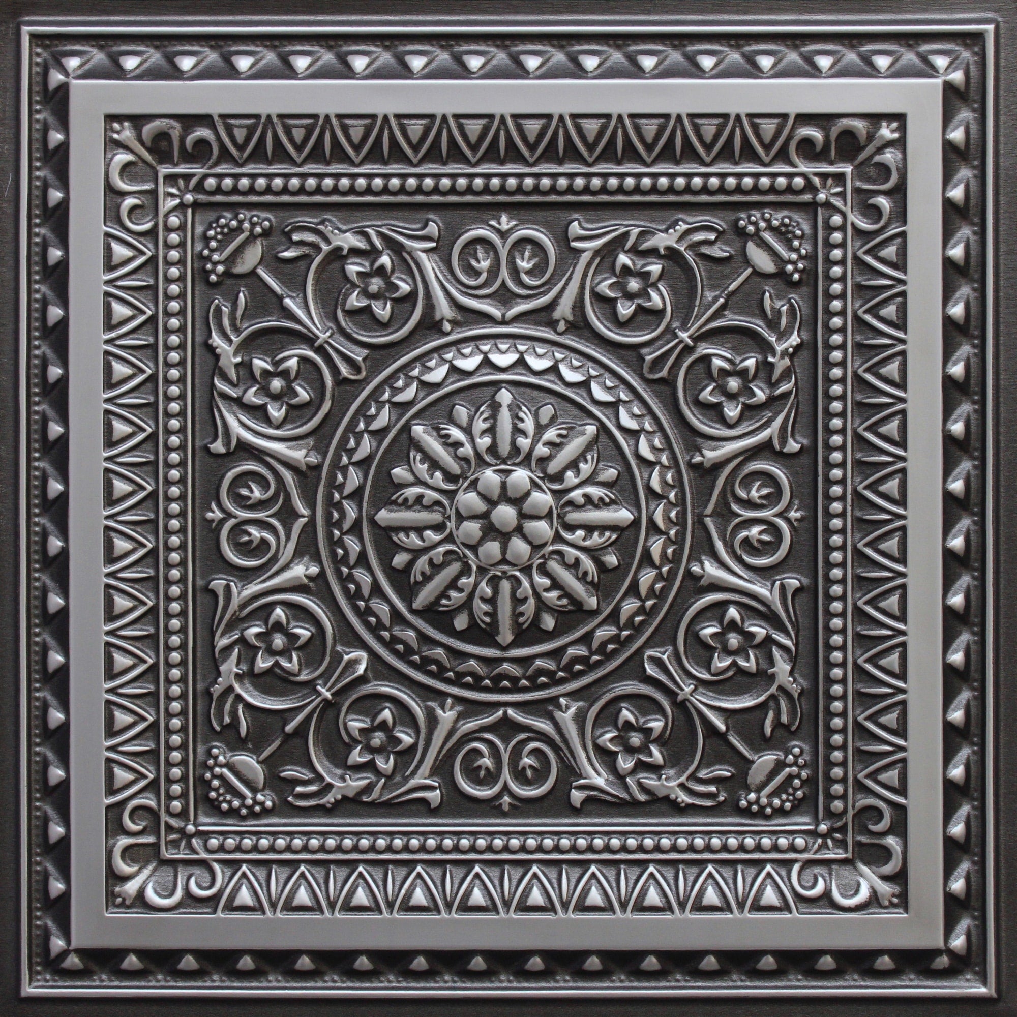 Victorian Floral Antique Silver Glue Up or Lay In, PVC 3D Decorative Ceiling Panel, 2 ft X 2 ft (60cm X 60cm), 4 sq ft (0.37 sq m) each - Single