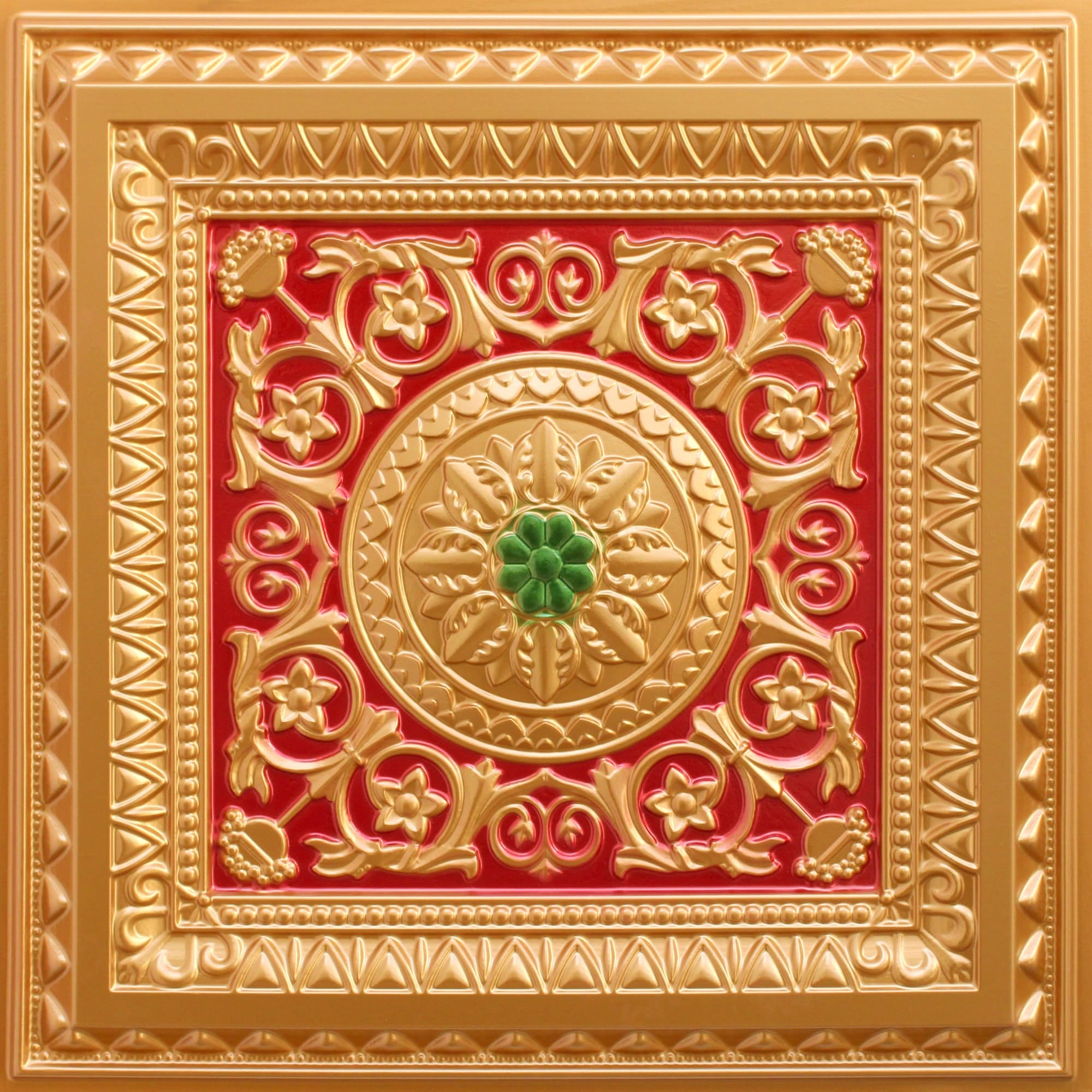 Victorian Floral Gold-Red-Green Glue Up or Lay In, PVC 3D Decorative Ceiling Panel, 2 ft X 2 ft (60cm X 60cm), 4 sq ft (0.37 sq m) each - Single