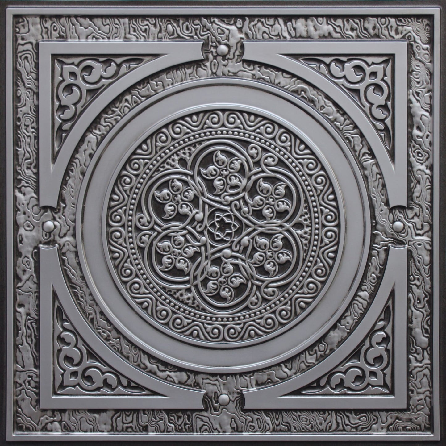 Rustic Traditional Antique Silver Glue Up or Lay In, PVC 3D Decorative Ceiling Panel, 2 ft X 2 ft (60cm X 60cm), 4 sq ft (0.37 sq m) each - Single