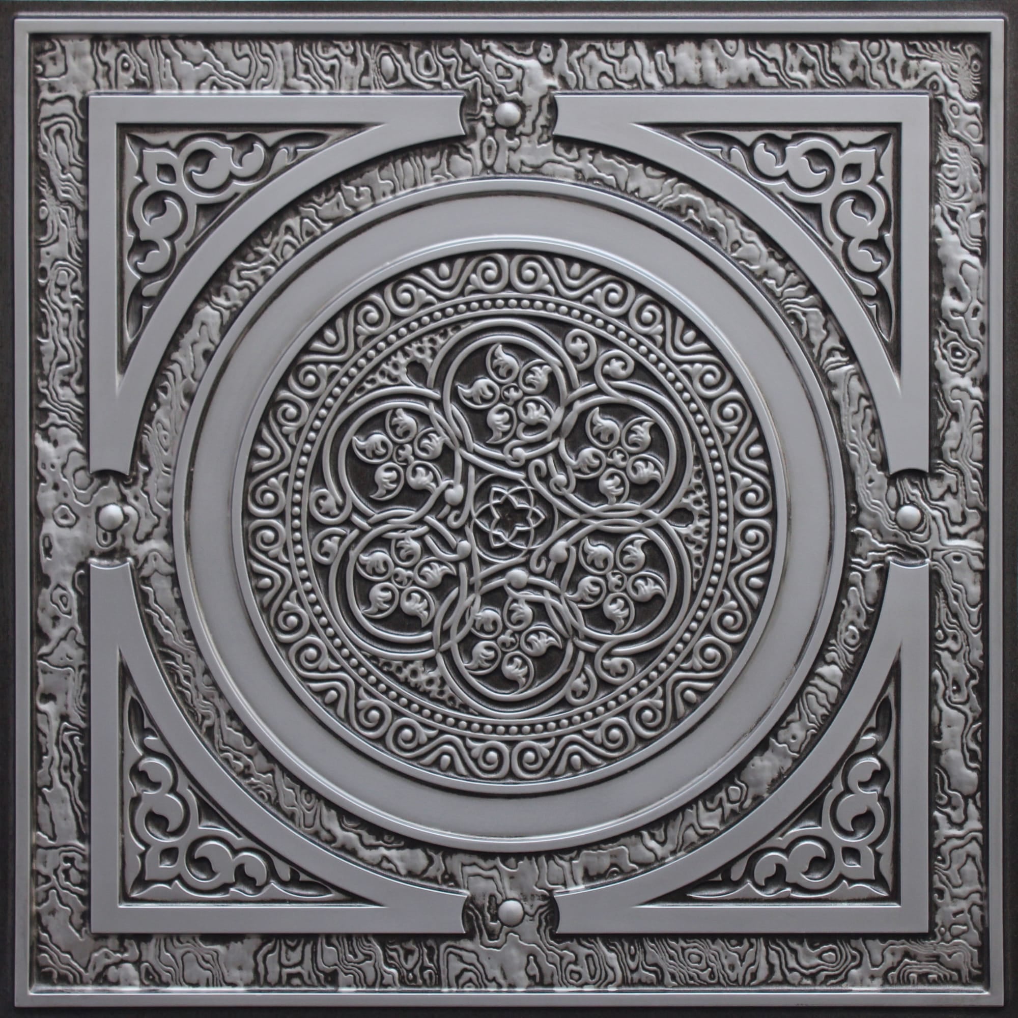 Rustic Traditional Antique Silver Glue Up or Lay In, PVC 3D Decorative Ceiling Panel, 2 ft X 2 ft (60cm X 60cm), 4 sq ft (0.37 sq m) each - Single