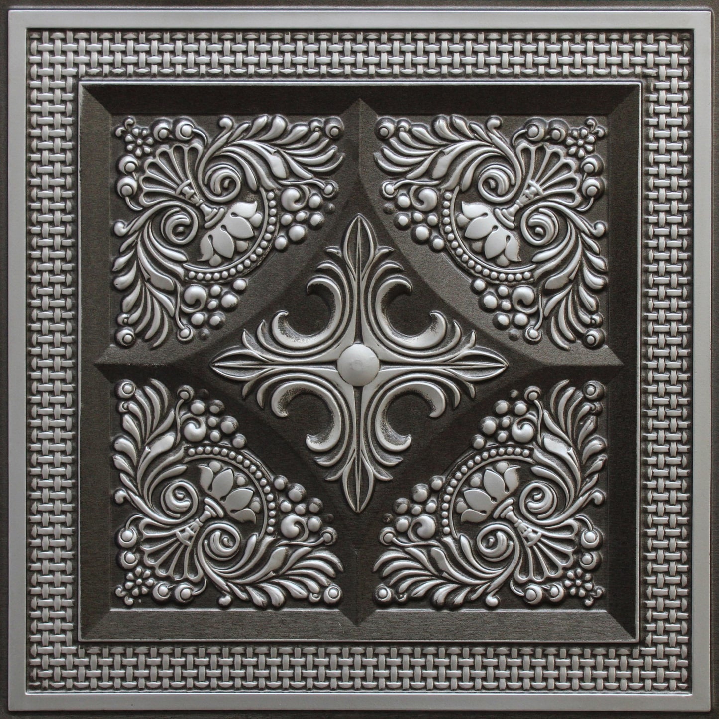 Rustic Floral Antique Silver Glue Up or Lay In, PVC 3D Decorative Ceiling Panel, 2 ft X 2 ft (60cm X 60cm), 4 sq ft (0.37 sq m) each - Single