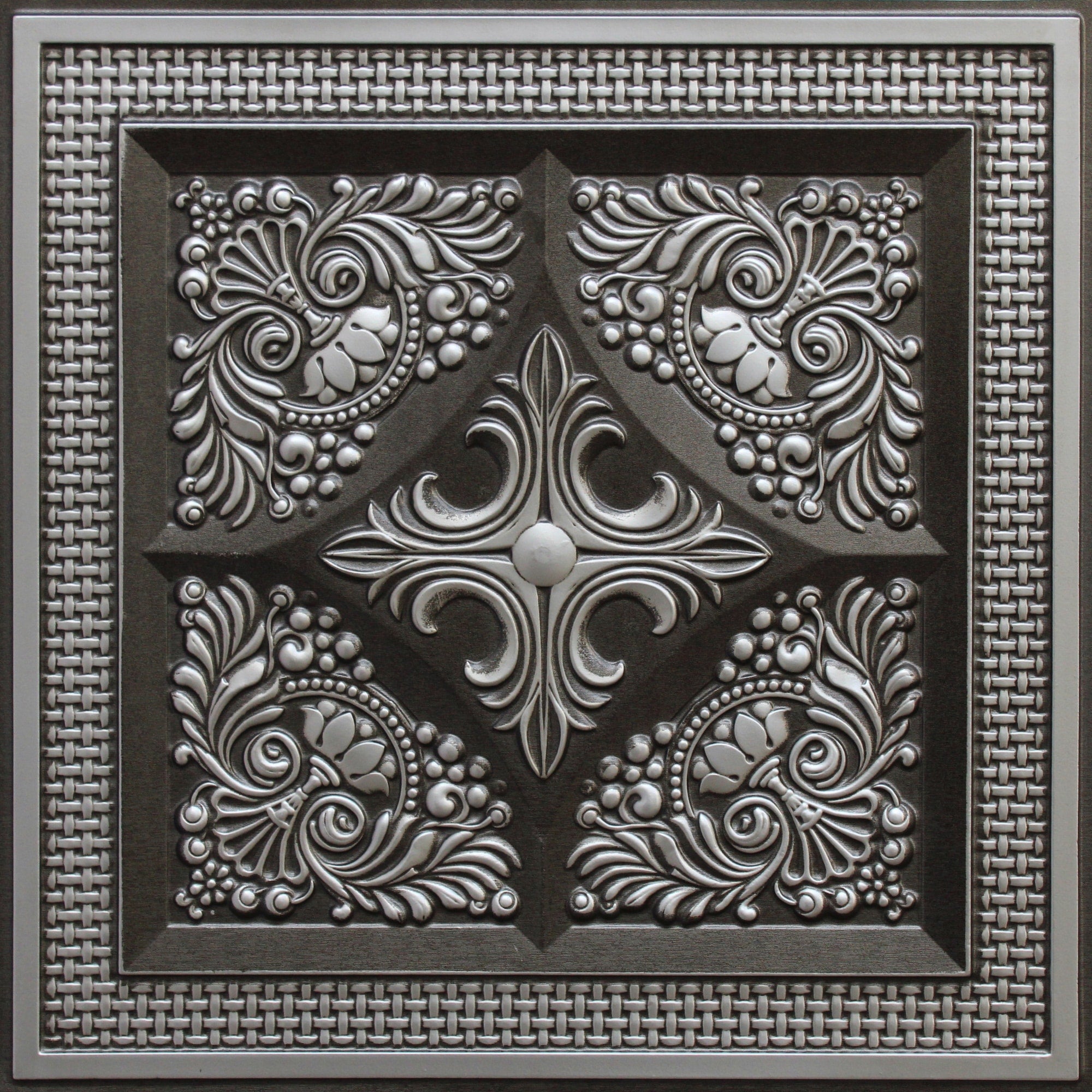 Rustic Floral Antique Silver Glue Up or Lay In, PVC 3D Decorative Ceiling Panel, 2 ft X 2 ft (60cm X 60cm), 4 sq ft (0.37 sq m) each - Single