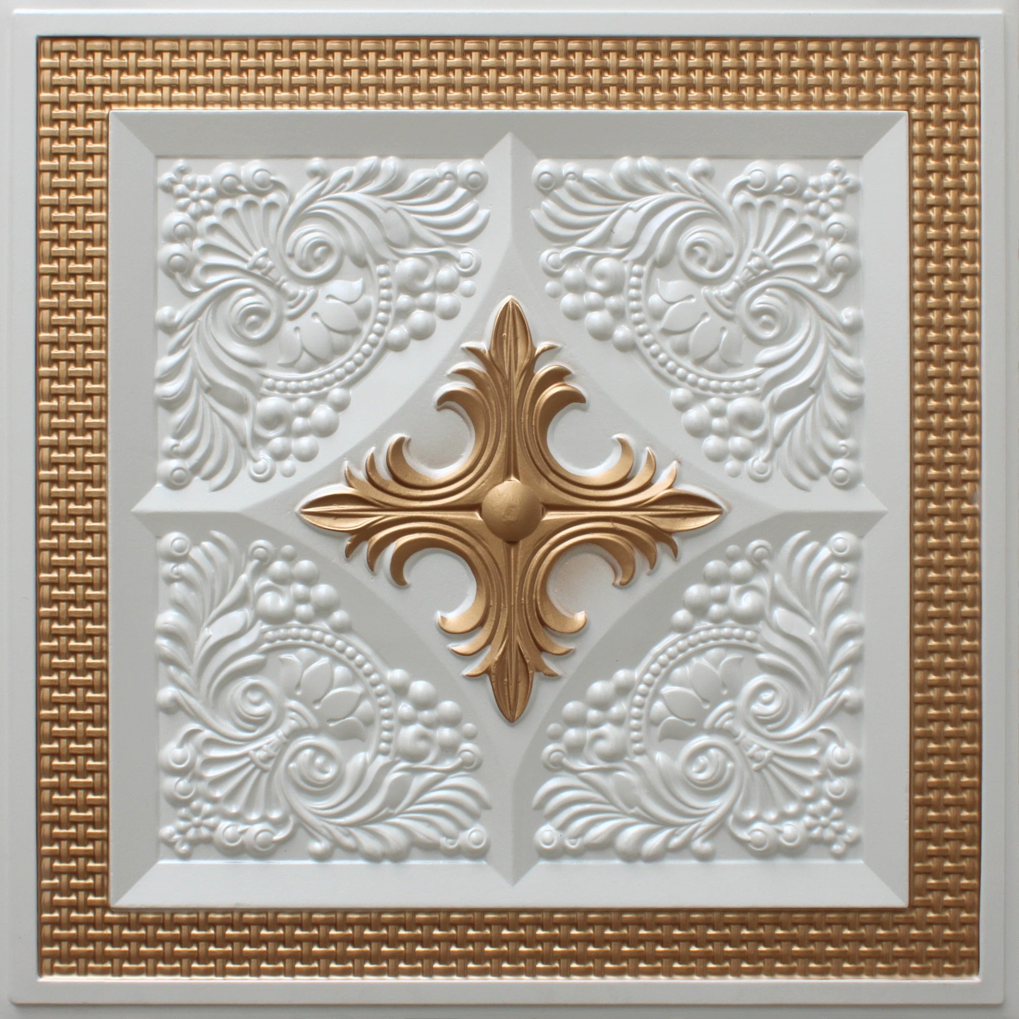 Modern Floral Pearl White Gold Glue Up or Lay In, PVC 3D Decorative Ceiling Panel, 2 ft X 2 ft (60cm X 60cm), 4 sq ft (0.37 sq m) each - Single