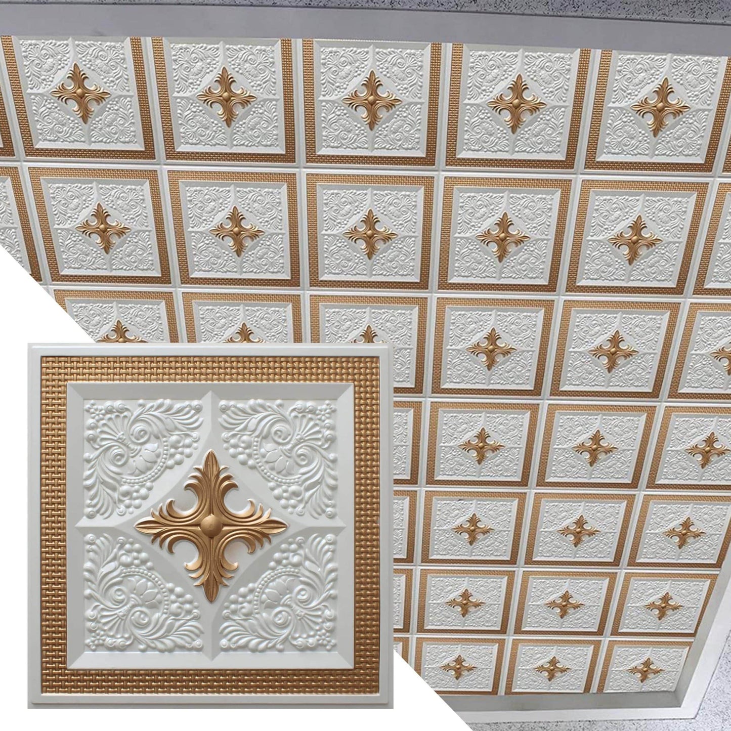 Modern Floral Pearl White Gold Glue Up or Lay In, PVC 3D Decorative Ceiling Panel, 2 ft X 2 ft (60cm X 60cm), 4 sq ft (0.37 sq m) each - Single