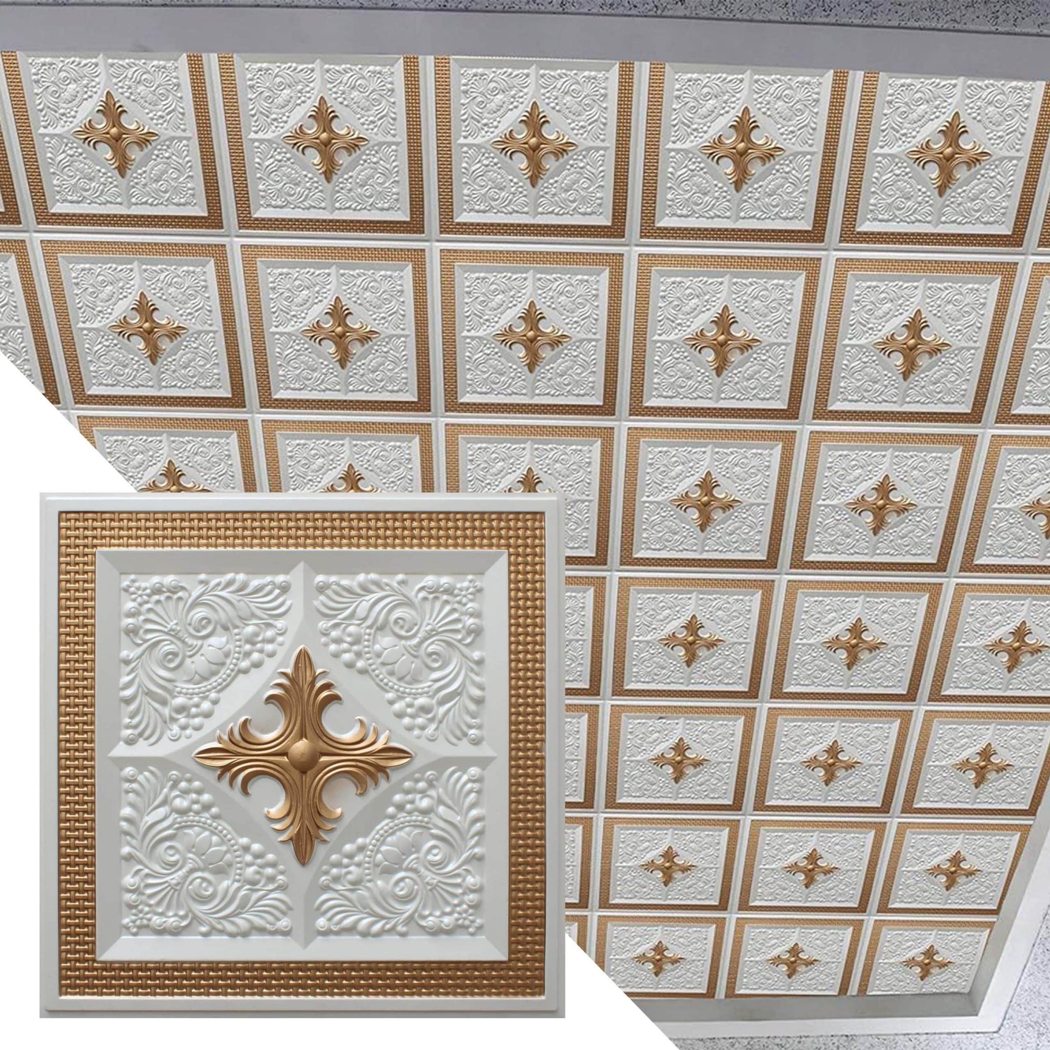 Modern Floral Pearl White Gold Glue Up or Lay In, PVC 3D Decorative Ceiling Panel, 2 ft X 2 ft (60cm X 60cm), 4 sq ft (0.37 sq m) each - Single