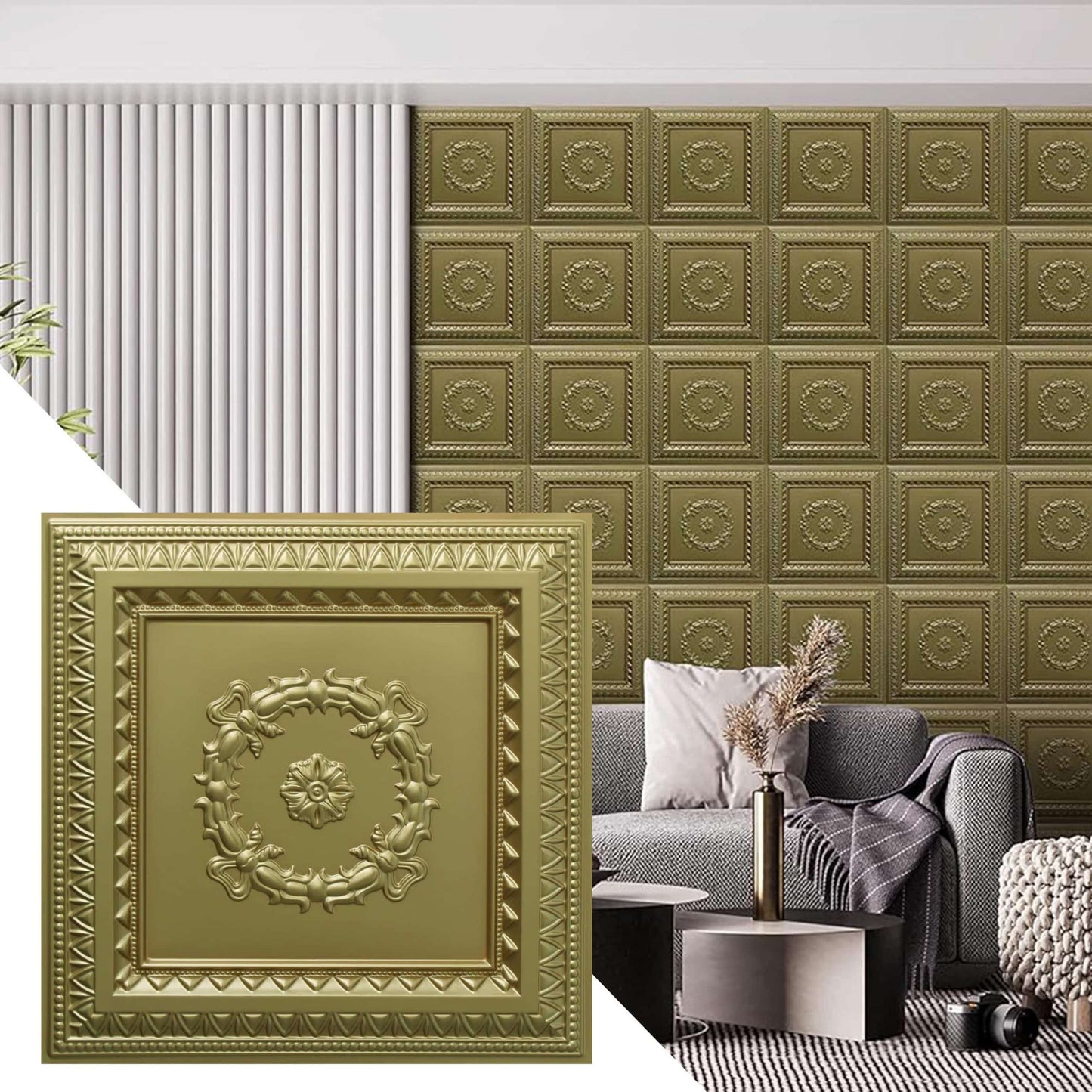 Rustic Traditional Brass Glue Up or Lay In, PVC 3D Decorative Ceiling Panel, 2 ft X 2 ft (60cm X 60cm), 4 sq ft (0.37 sq m) each - Single