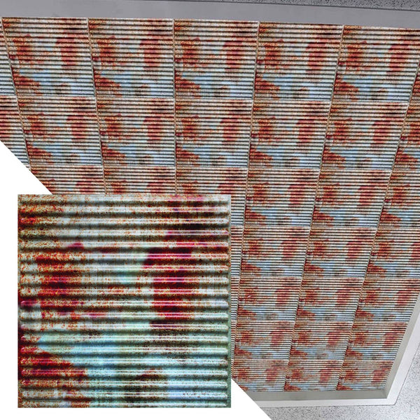 Rusty corrugated Old Tin Roof Lay In, PVC 3D Decorative Ceiling Panel, 2 ft X 2 ft (60cm X 60cm), 4 sq ft (0.37 sq m) each - Single
