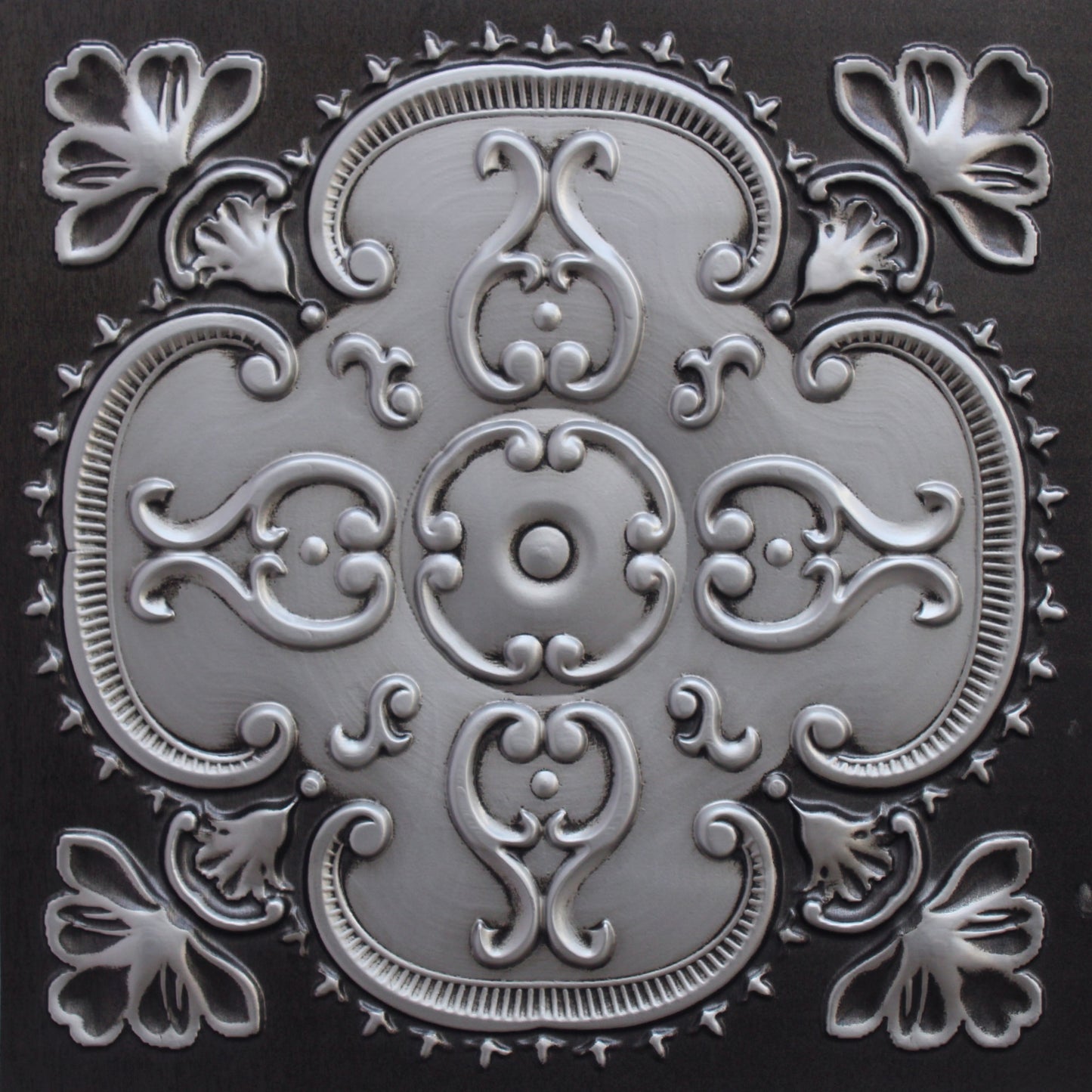Rustic Floral Antique Silver Glue Up or Lay In, PVC 3D Decorative Ceiling Panel, 2 ft X 2 ft (60cm X 60cm), 4 sq ft (0.37 sq m) each - Single