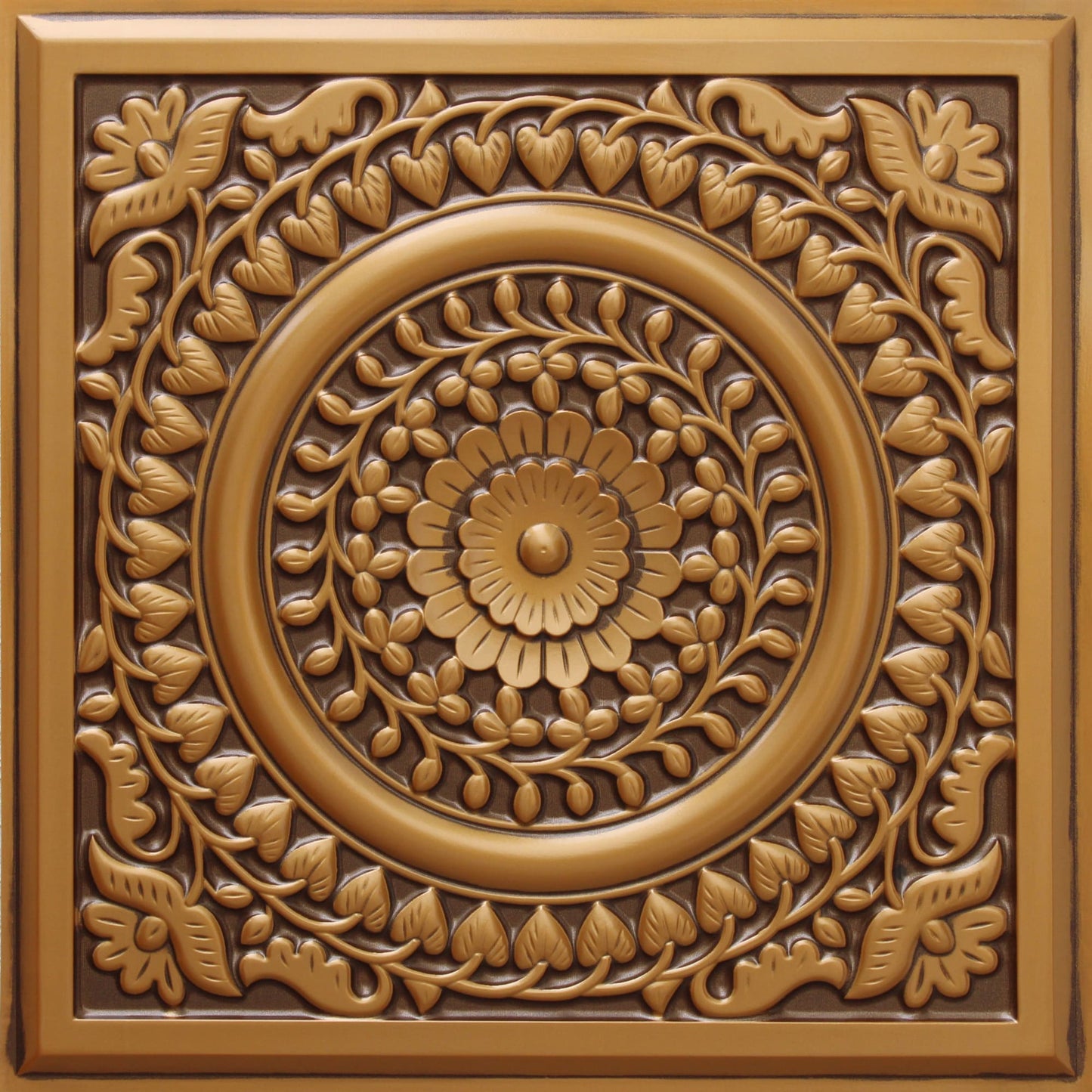 Rustic Floral Antique Gold Glue Up or Lay In, PVC 3D Decorative Ceiling Panel, 2 ft X 2 ft (60cm X 60cm), 4 sq ft (0.37 sq m) each - Single